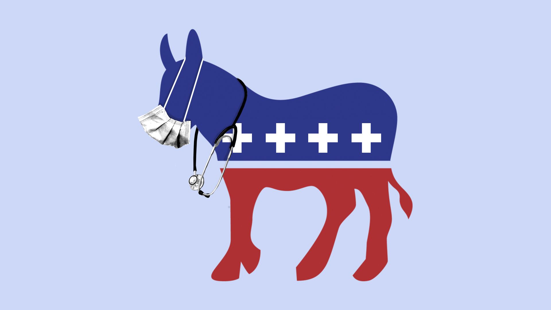 Illustration of a Democratic donkey logo wearing a medical mask and stethoscope 
