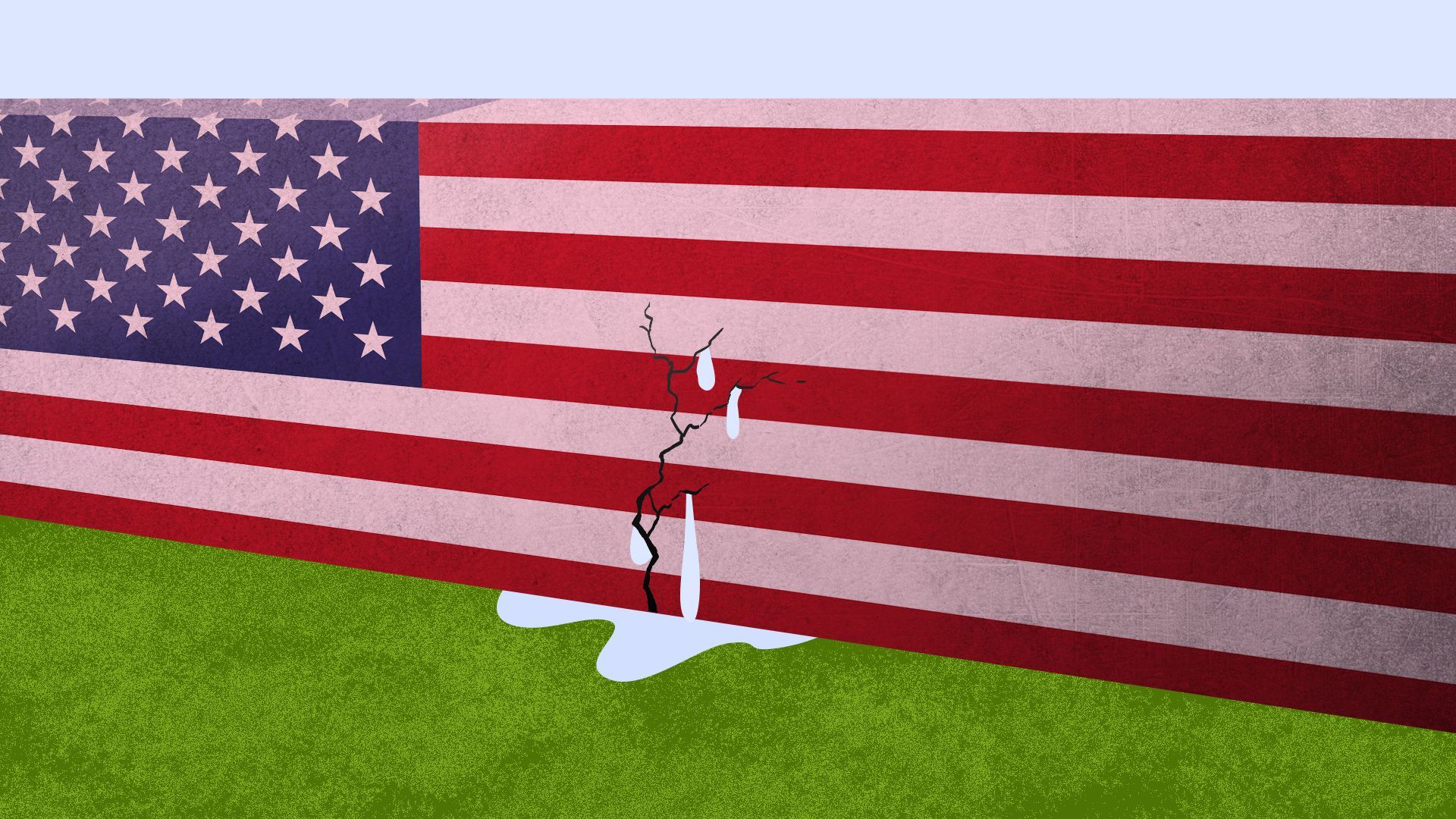 Illustration of American flag damn with crack in it and water spilling out