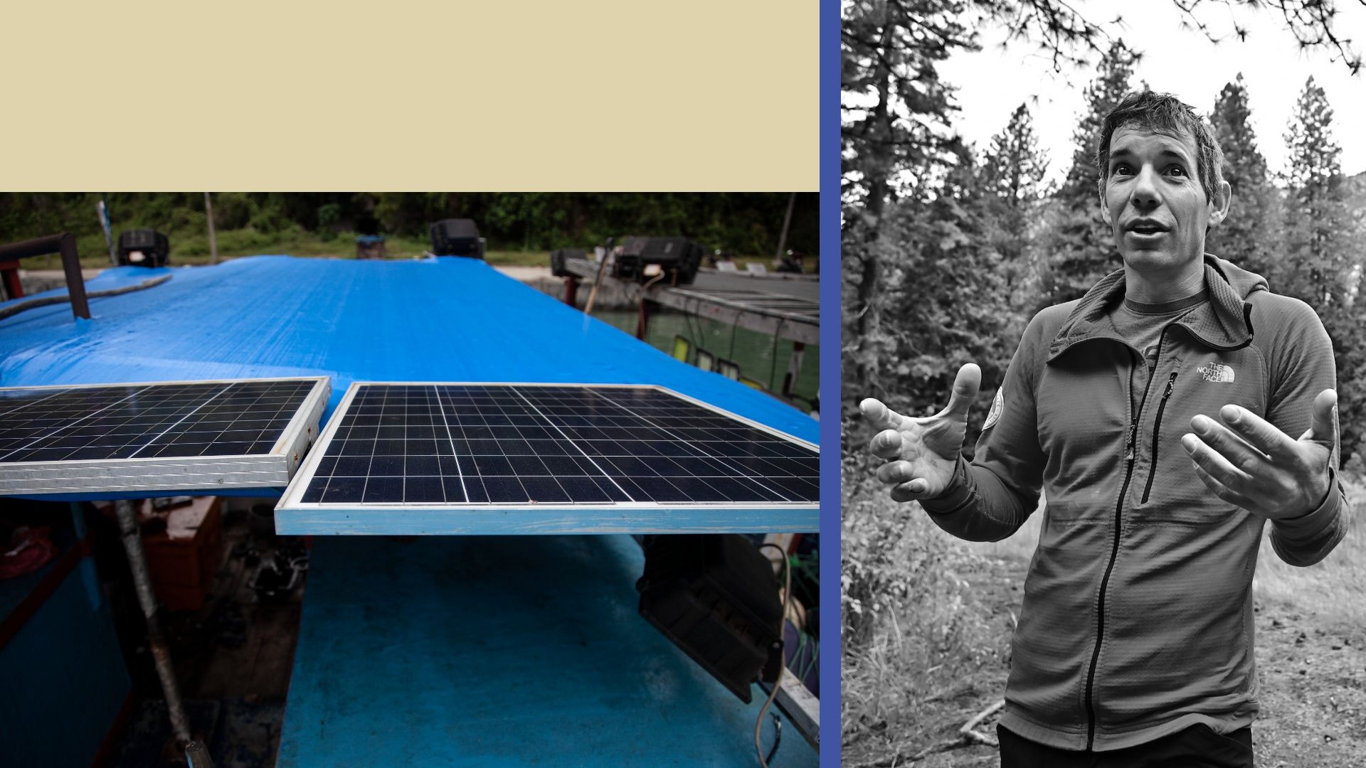 Collage showing a photo of rock climber Alex Honnold next to solar panels