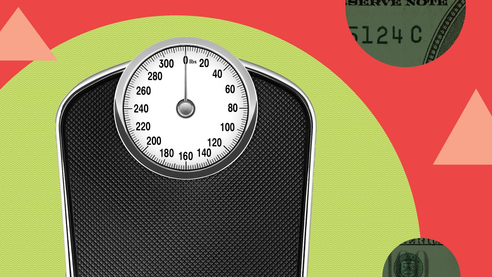 an illustration of a scale surrounded by shapes and cutouts of money