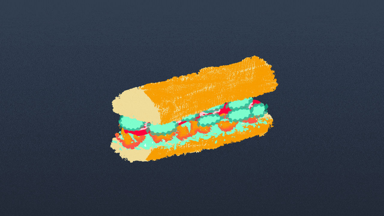 Illustration of a po boy sandwich that explodes to show all of its ingredients. 