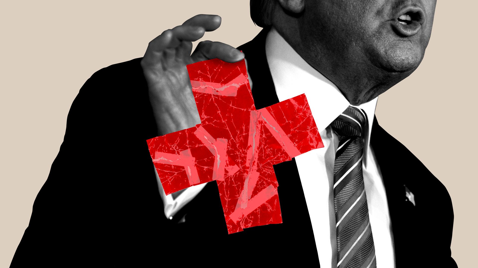 Illustration of President Trump holding a red health care cross