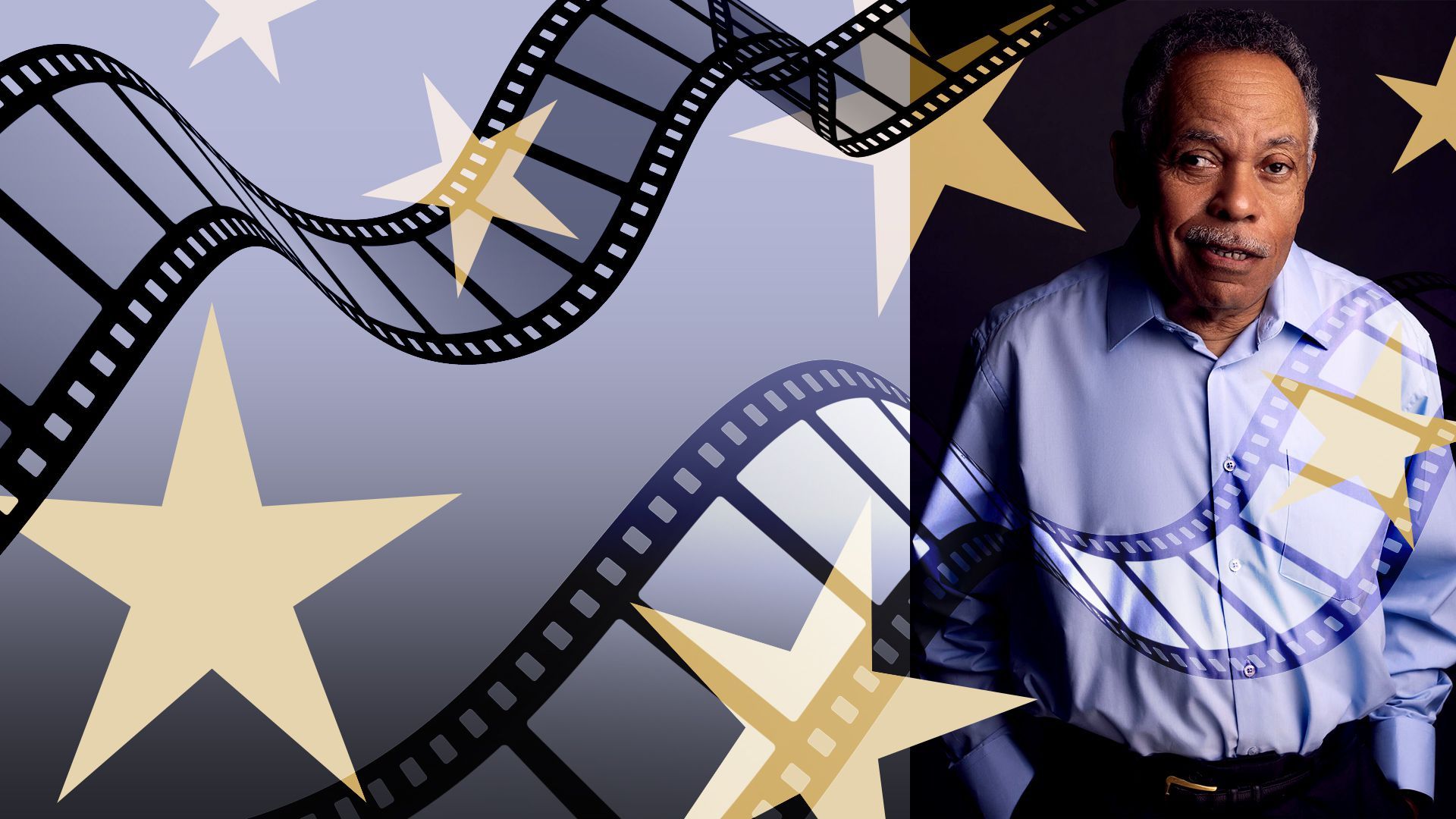 Photo illustration of Luis Reyes with negative strips and stars.