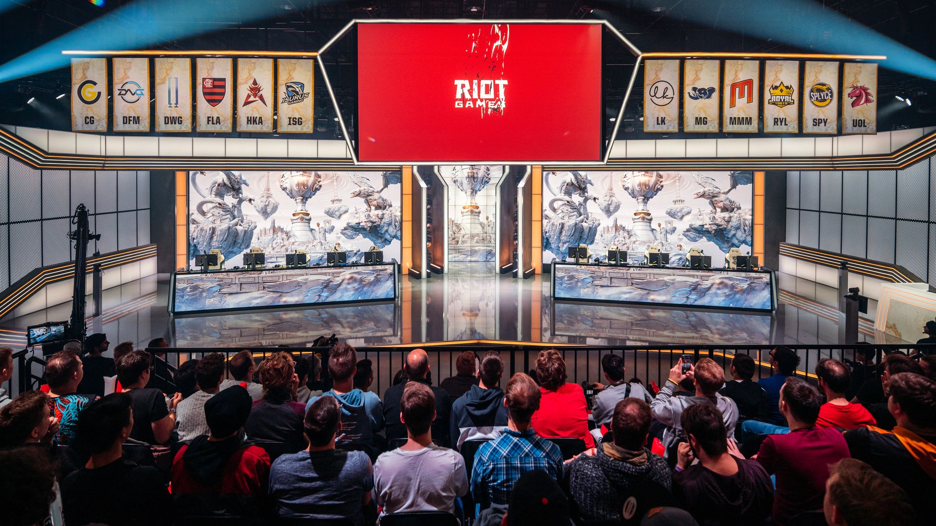  The Riot Games logo is displayed on the big screen before the League of Legends World Championship gets underway at the LEC Studio on October 3, 2019 in Berlin, Germany. 
