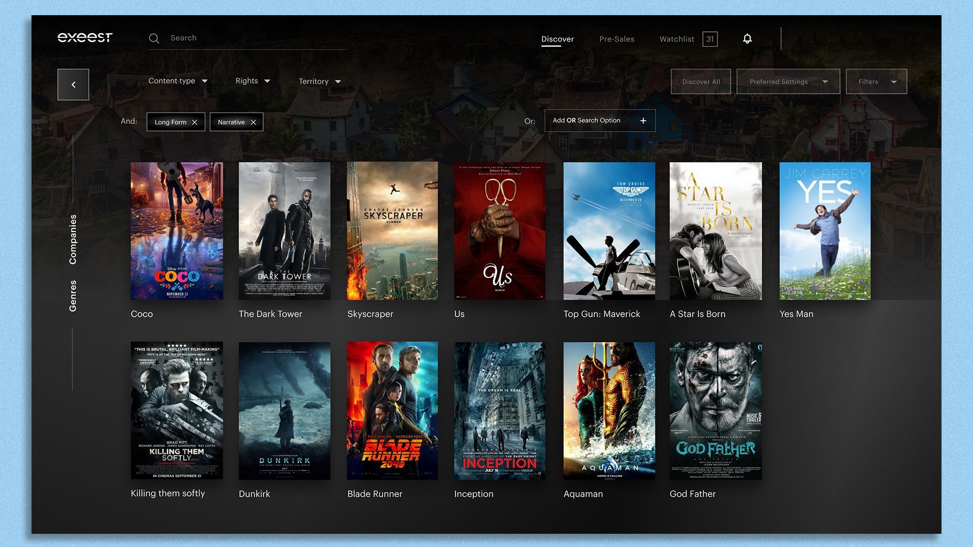 A screenshot of the Exeest platform with thumbnails of TV show and movie posters