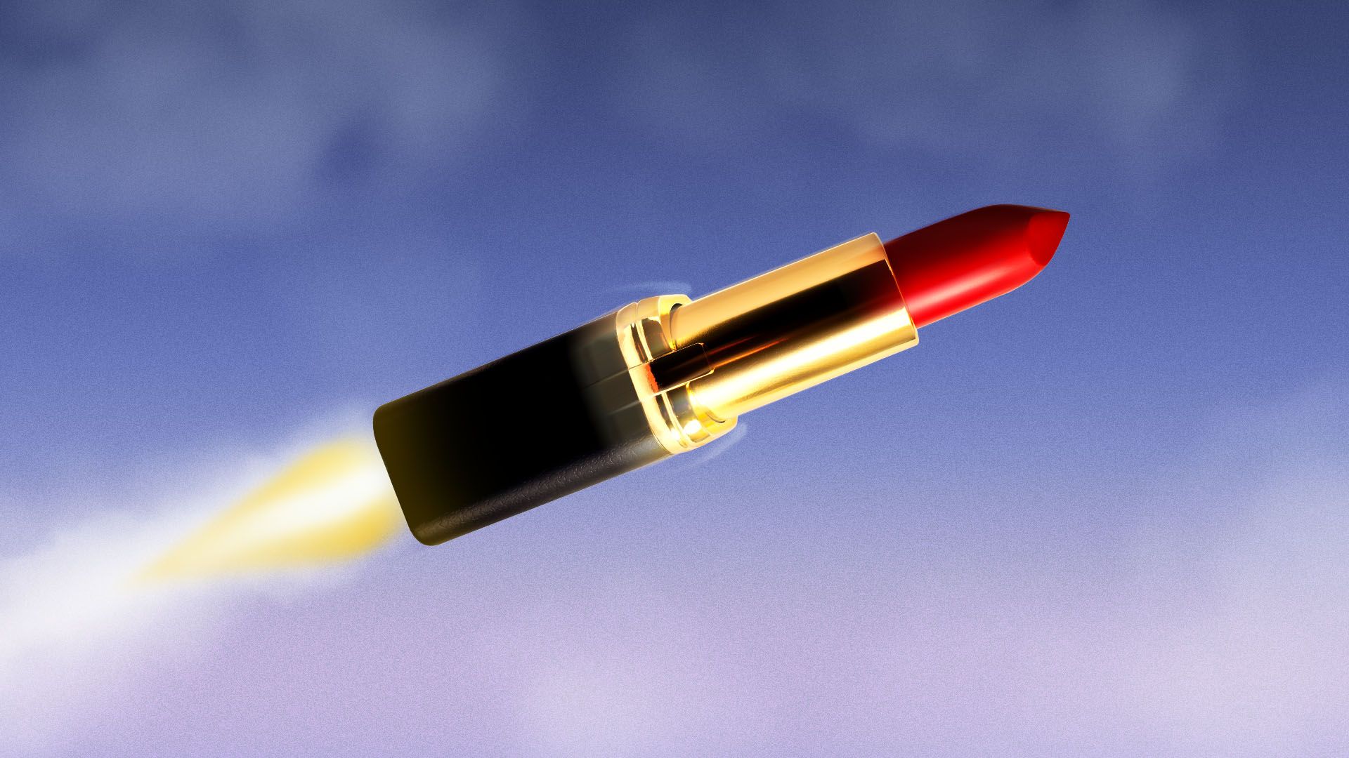 Illustration of a lipstick careening through the sky like a rocket ship 