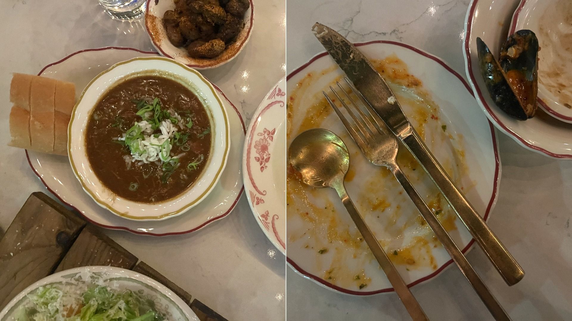 Two-panel top-down meal: left shows bread slices, a bowl of dark gumbo with green onions, a Caesar salad and a dish of boiled peanuts; right shows an almost-empty plate with used utensils and a mussel shell.