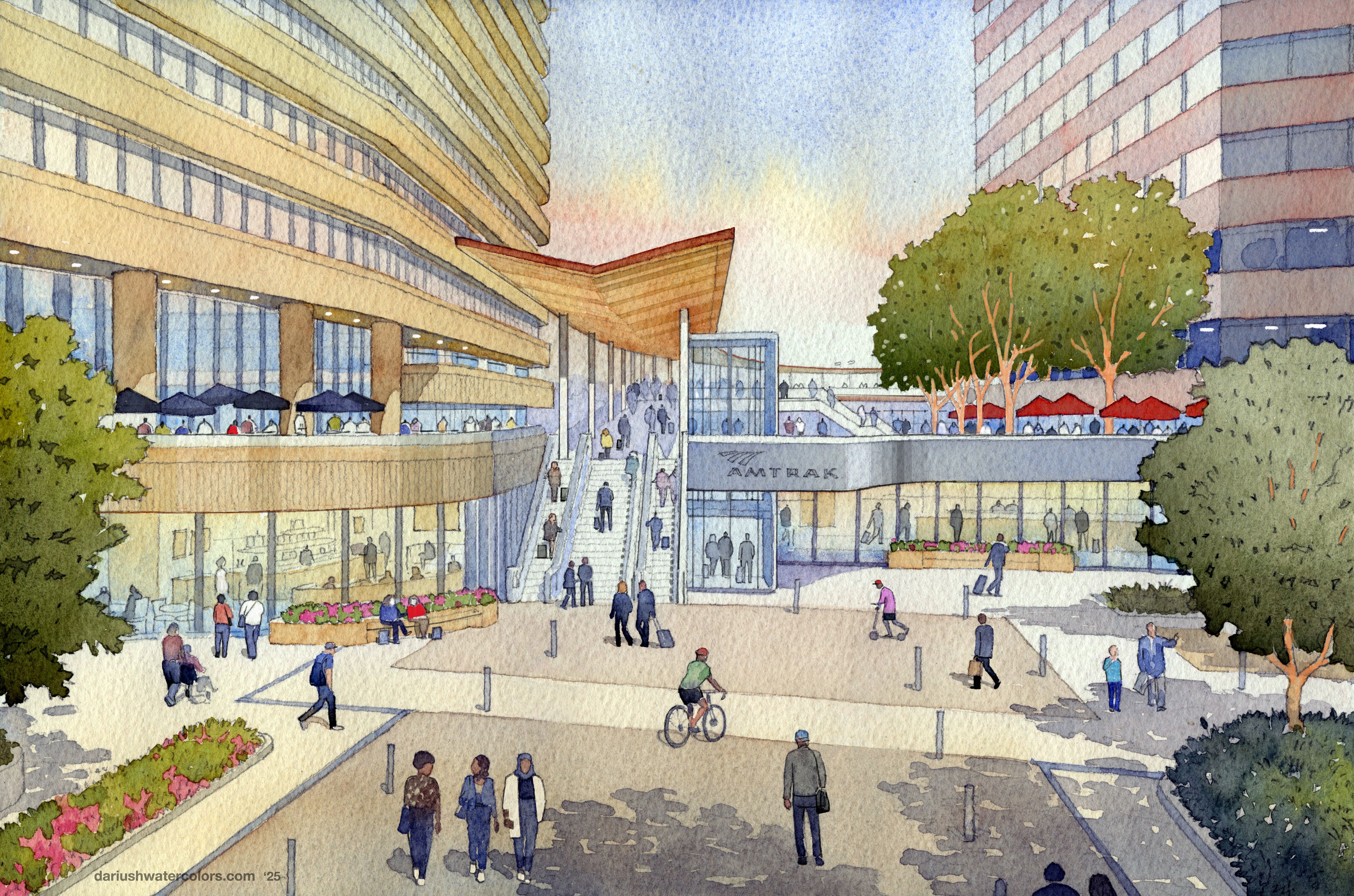 A watercolor rendering of a pedestrian square with an elevator.