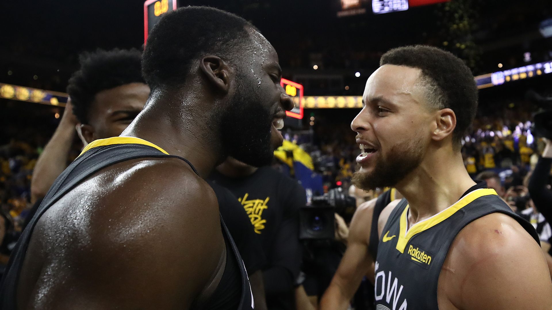Steph Curry and Draymond Green after the Warriors win