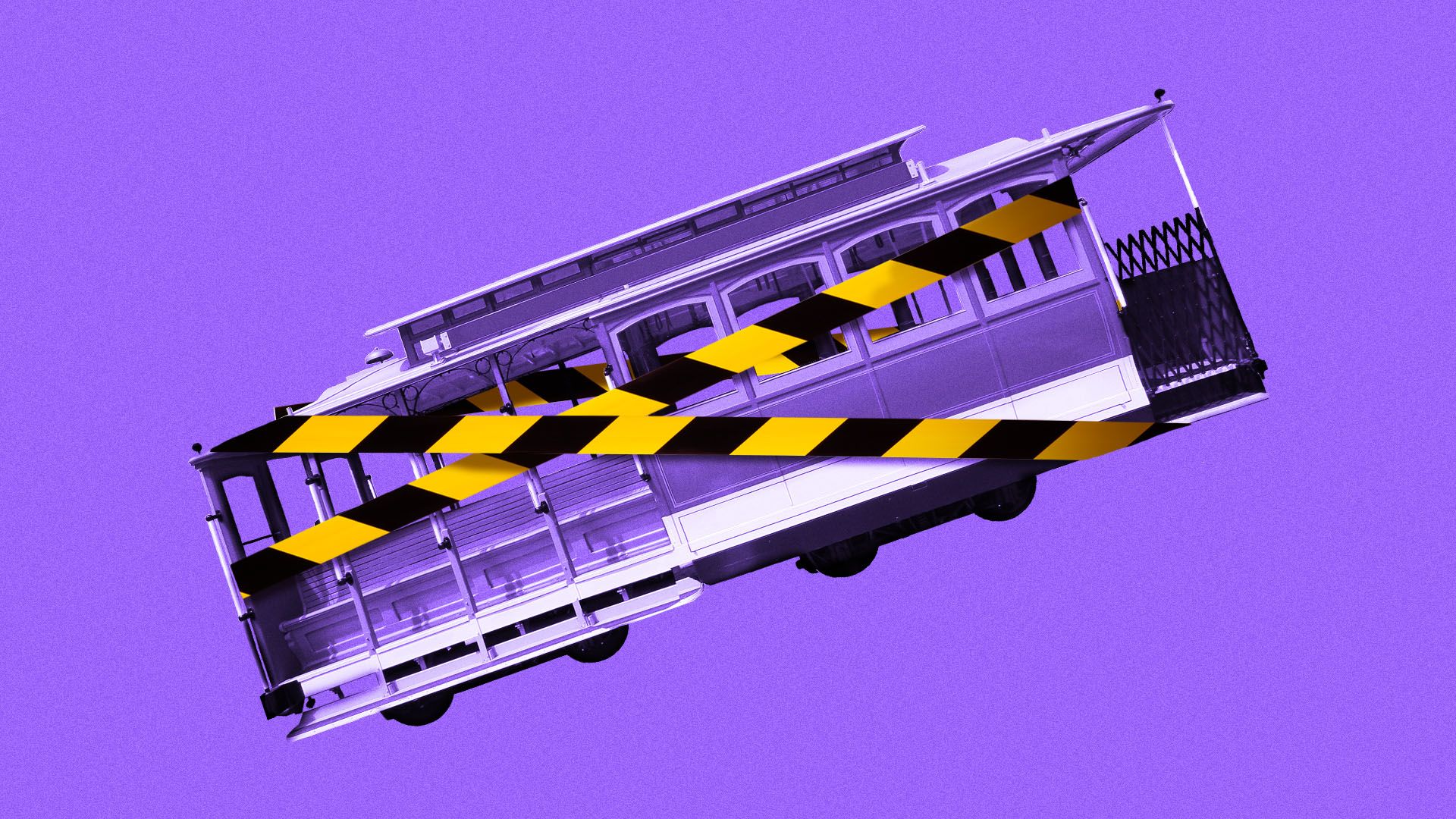 Illustration of a San Francisco trolley car wrapped in caution tape