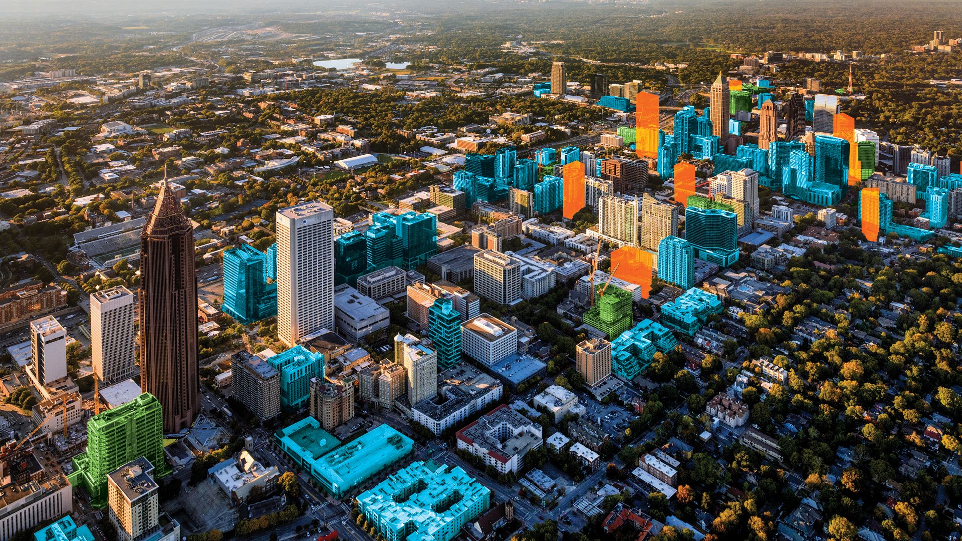 A rendering of Midtown Atlanta with shaded areas depicting where new buildings have been built or will be built