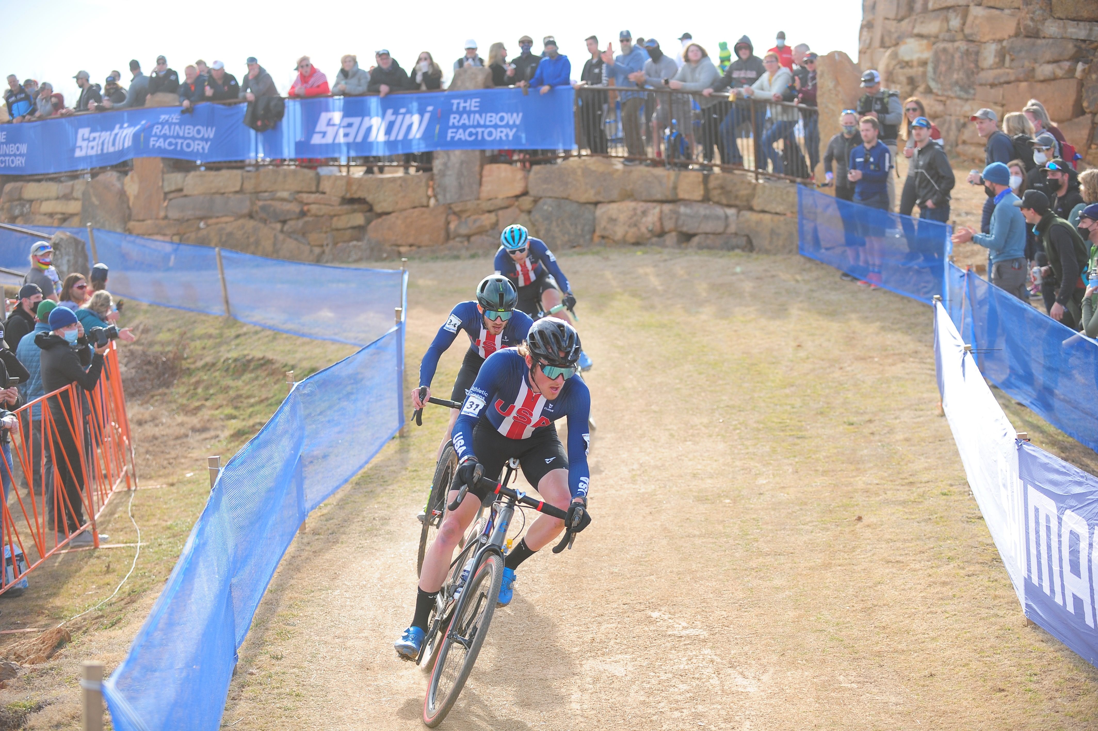 Part of the USA men's elite team race in a cyclo-cross event. 