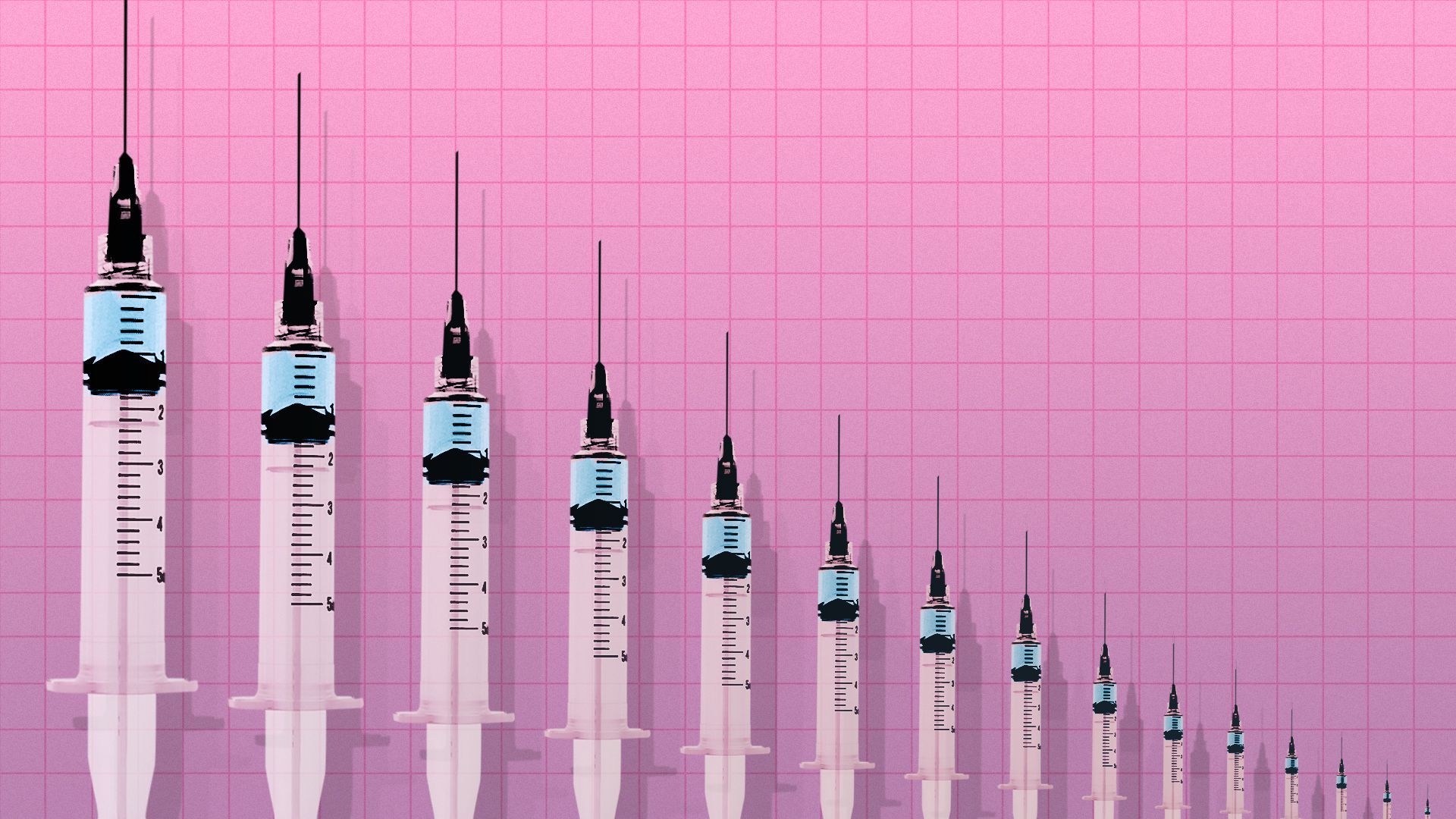 Illustration of descending bar chart made of syringes gradually shrinking in size.