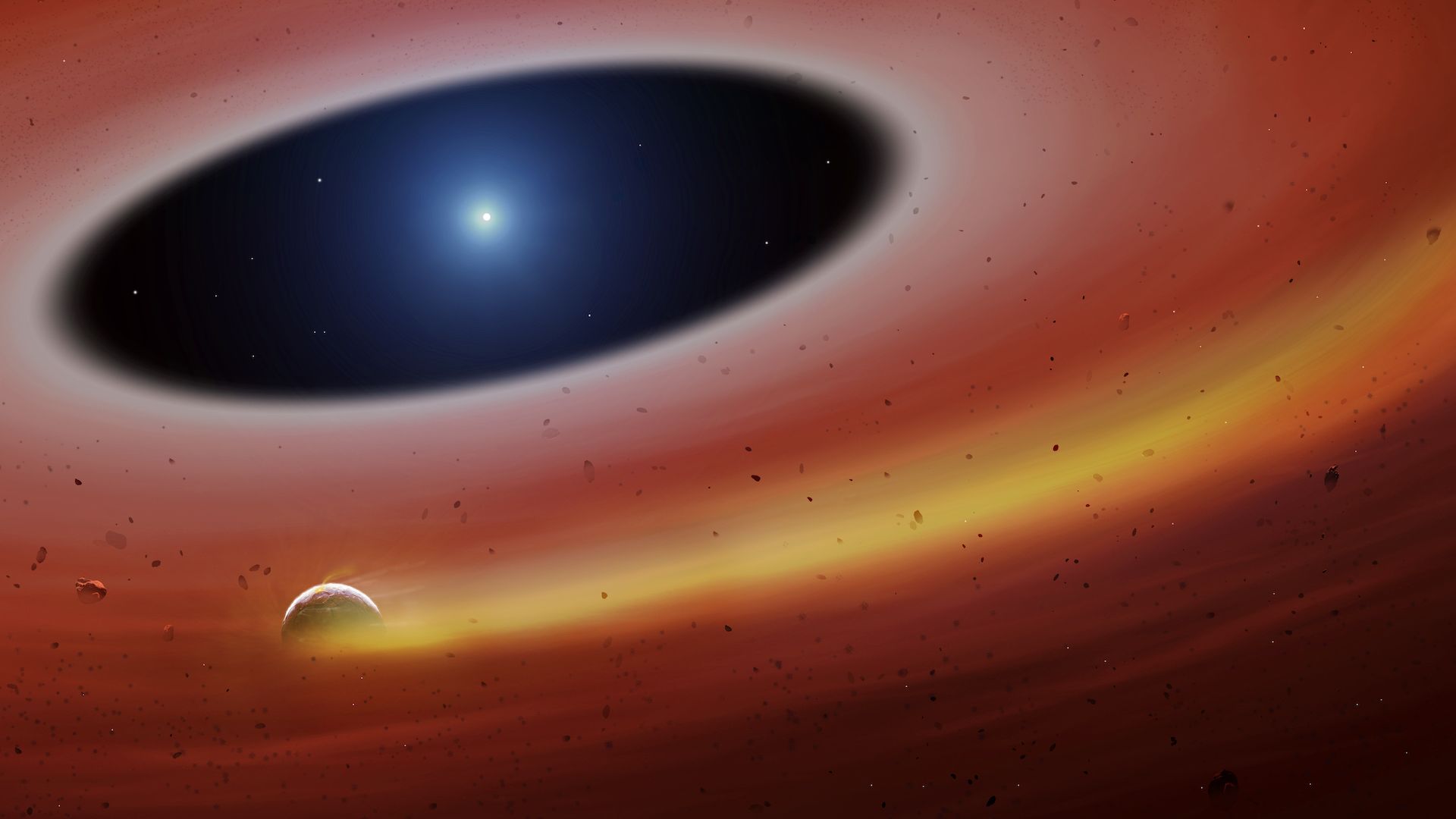 Artist's illustration of a planet disintegrating in orbit around a white dwarf.