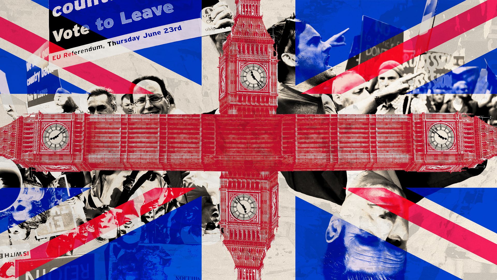 Photo illustration of Big Ben making up parts of the Union Jack flag with quadrants include pro Brexit, anti Brexit, and remain protesters, and Keir Starmer