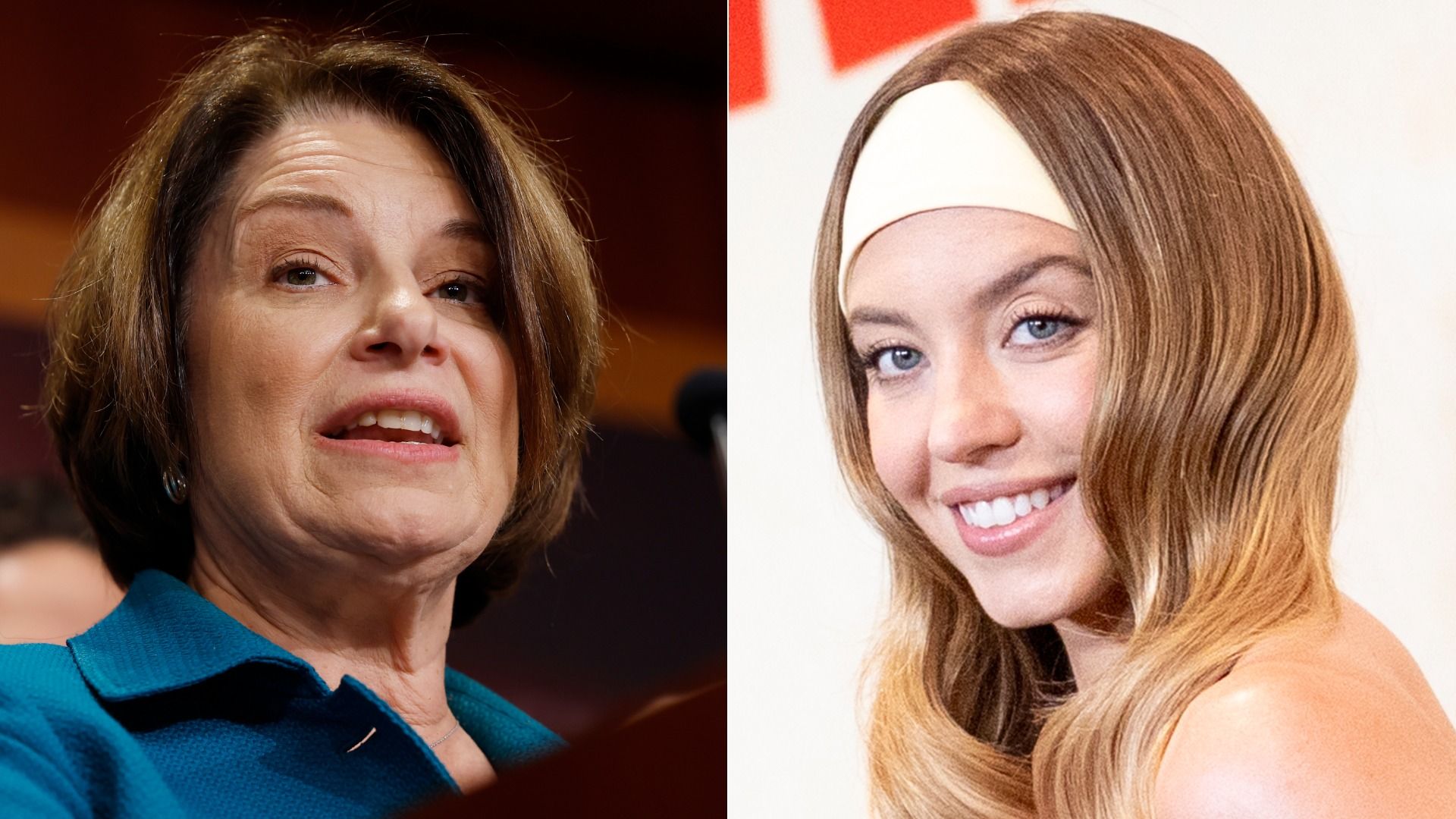 Split image of two women: left, woman with short brown hair, teal jacket speaking; right, smiling woman with long wavy blonde hair and white headband against white background.