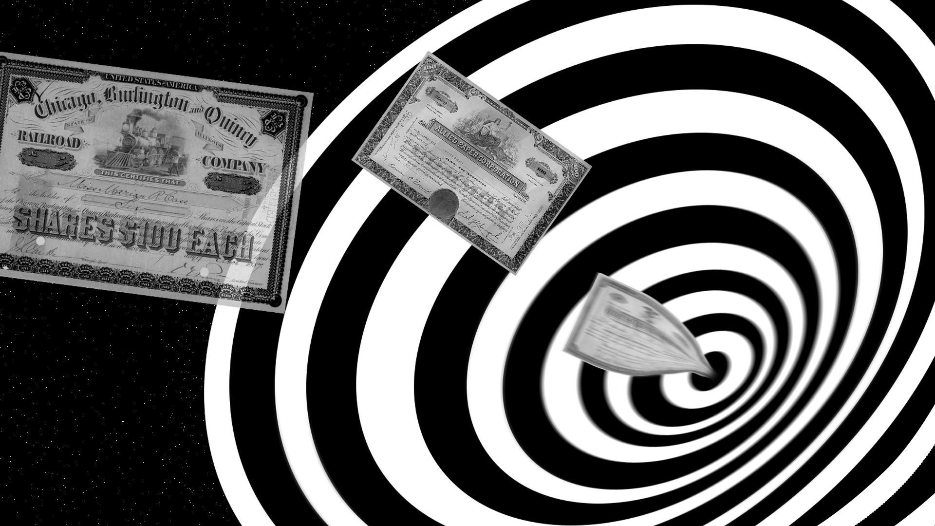 Illustration of stock certificates being sucked into a Twilight Zone style warp hole.