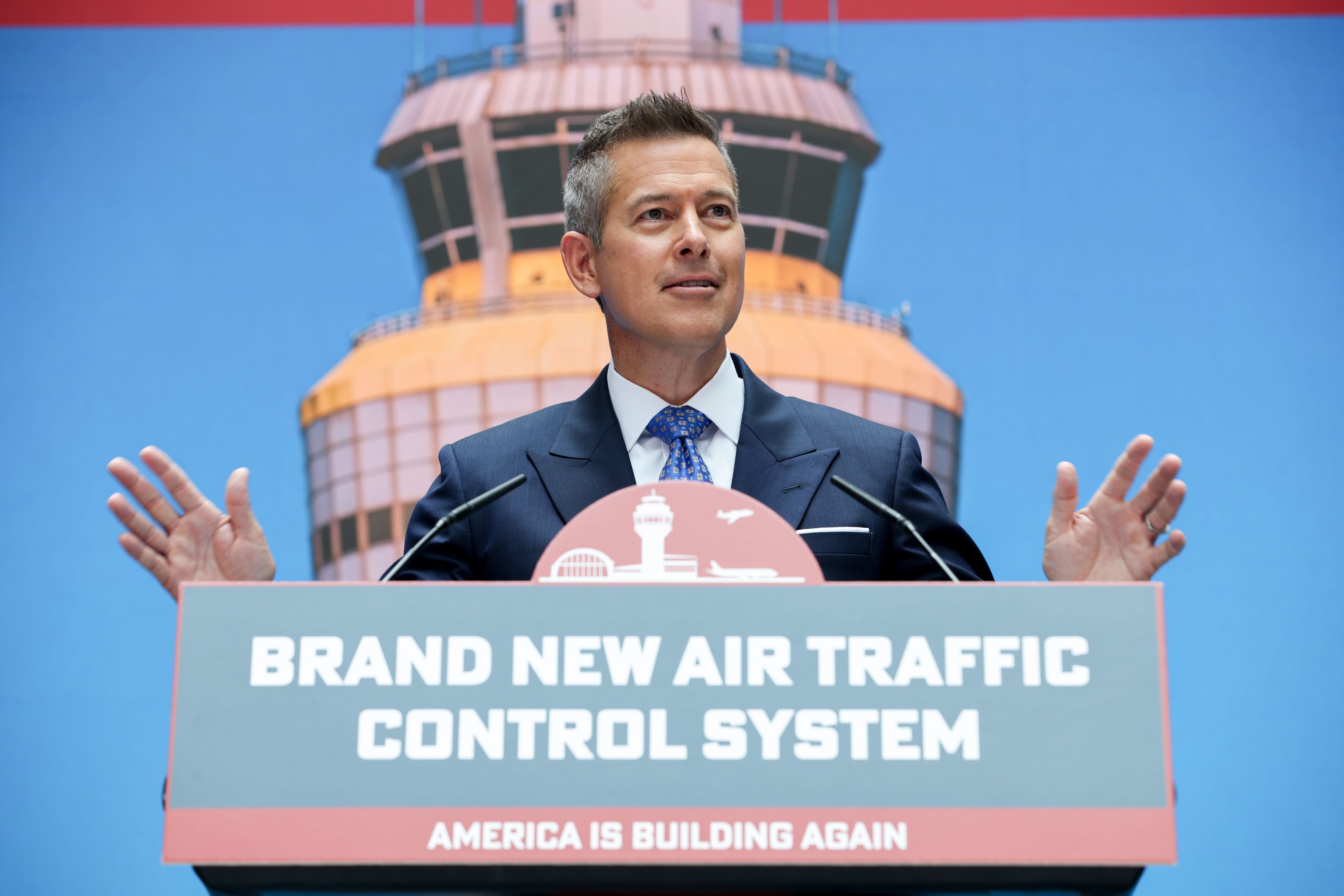 Sean Duffy, US secretary of transportation, during a news conference at the US Department of Transportation in Washington, DC, US, on Thursday, May 8, 2025. Duffy called for the construction of six new air traffic control centers and the replacement of more than 600 radars in a broad proposal to ove