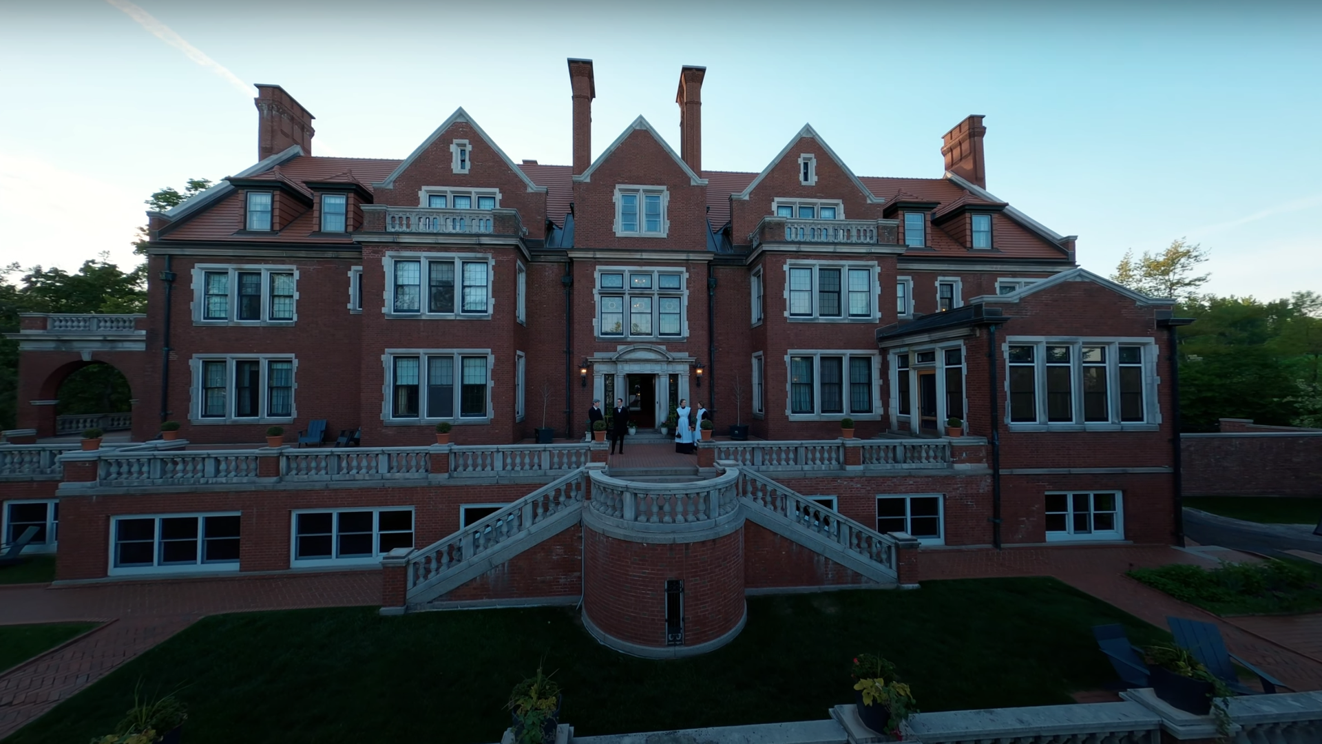 The exterior of Duluth's historic Glensheen mansion, captured by drone video.
