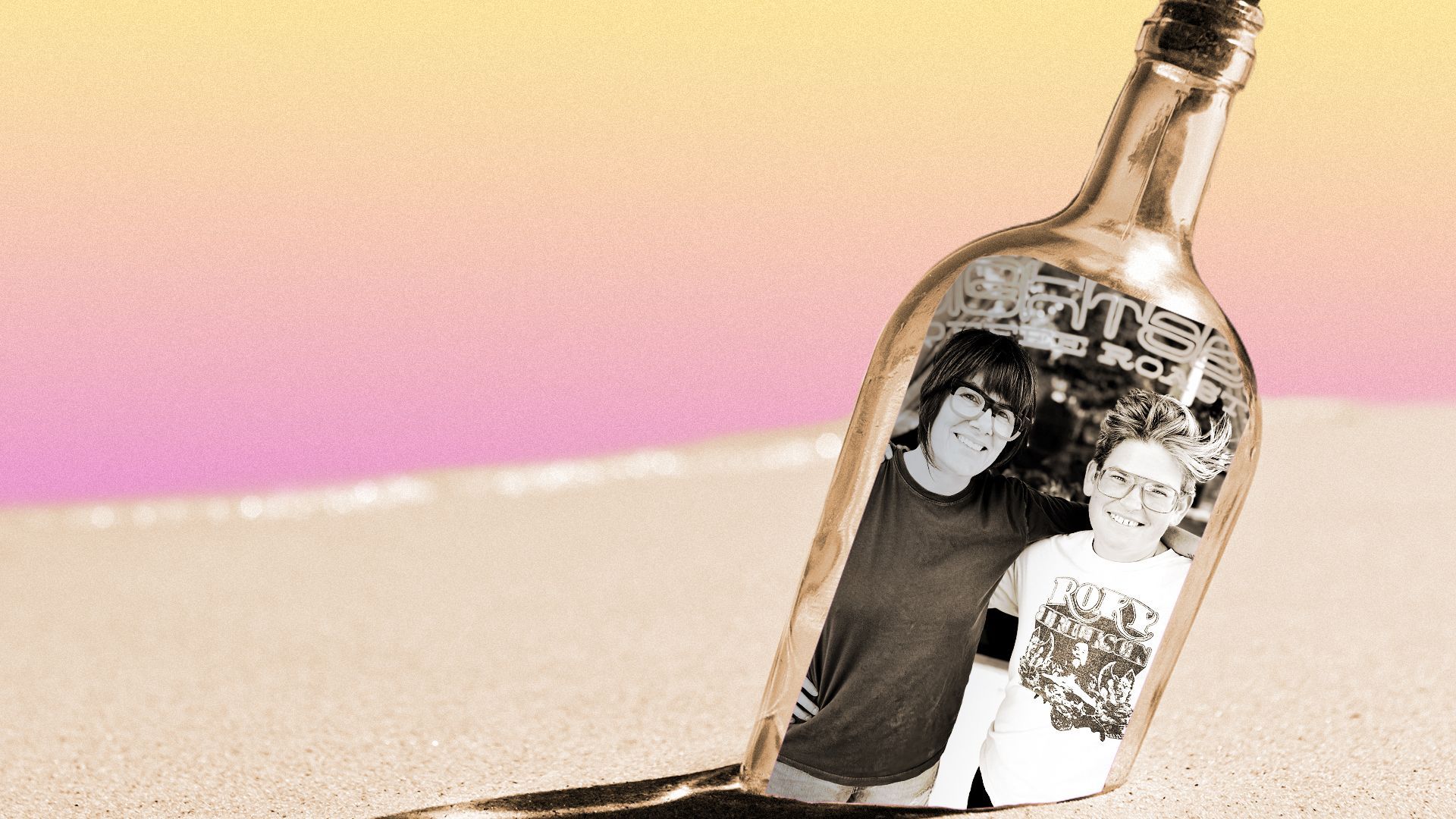 Photo illustration of Sara Gibson, and Kimberly Helms on a bottle in the sand.