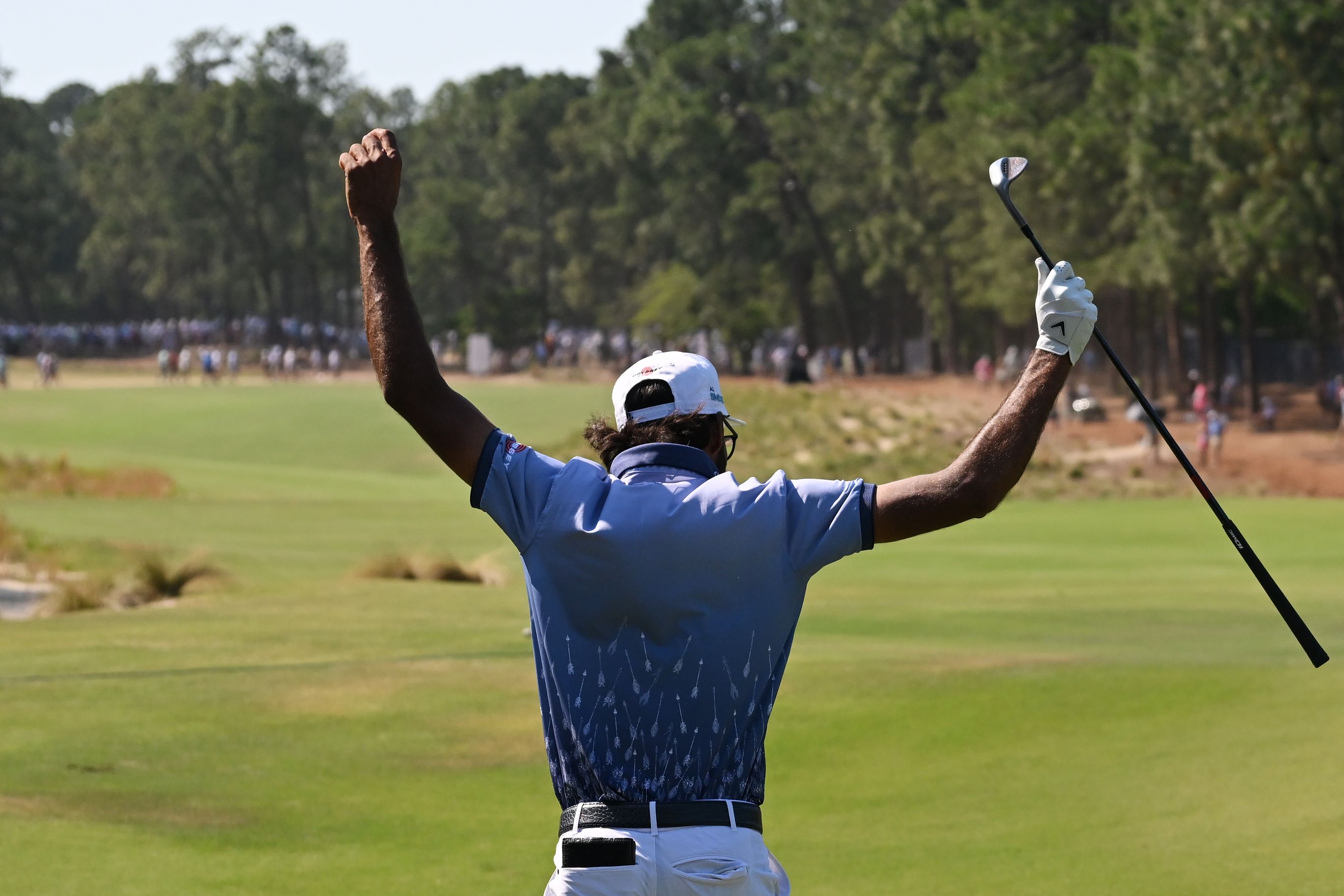 Akshay Bhatia celebrates after making a birdie at the US Open at Pinehurst
