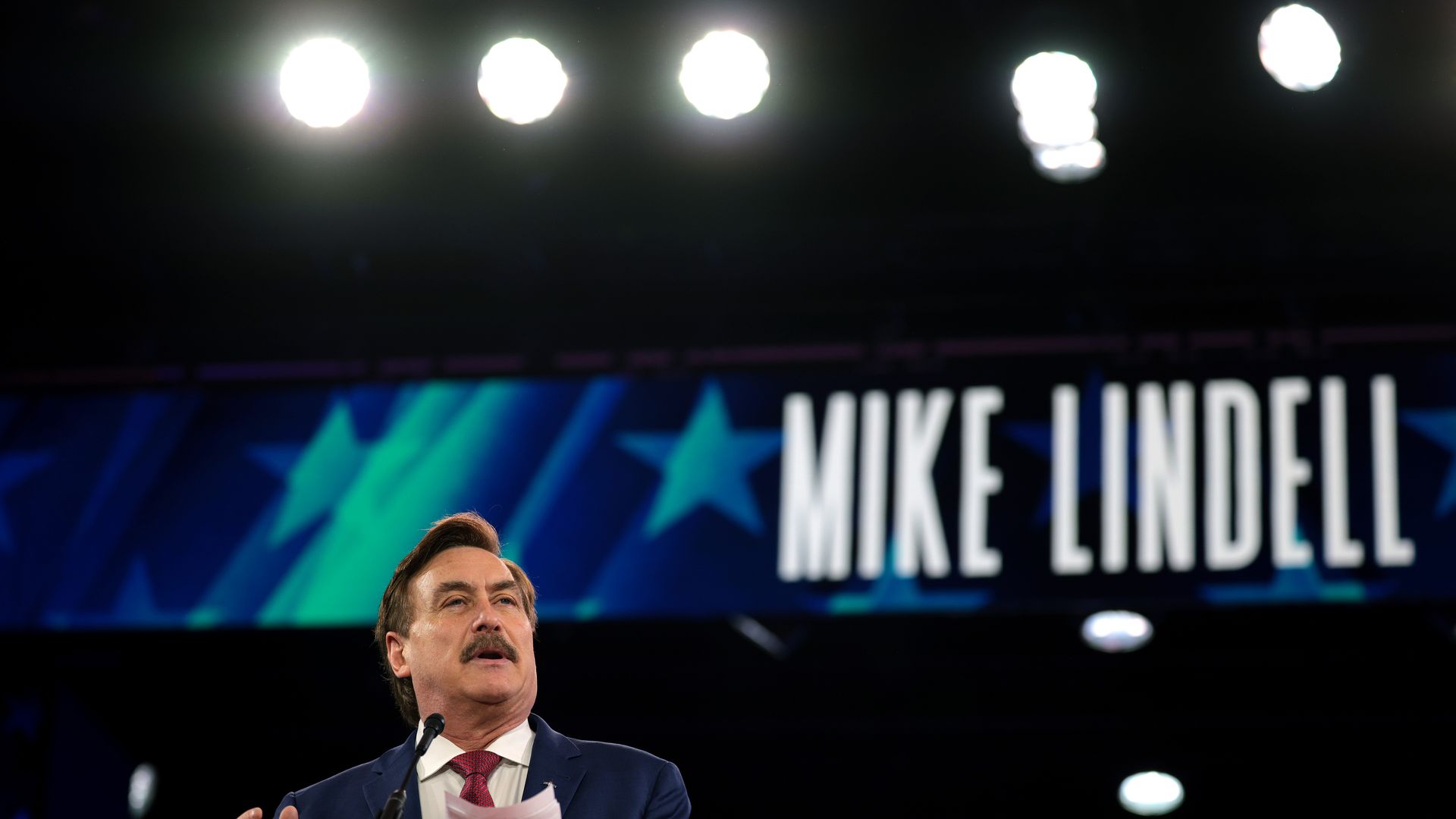Mike Lindell at a microphone