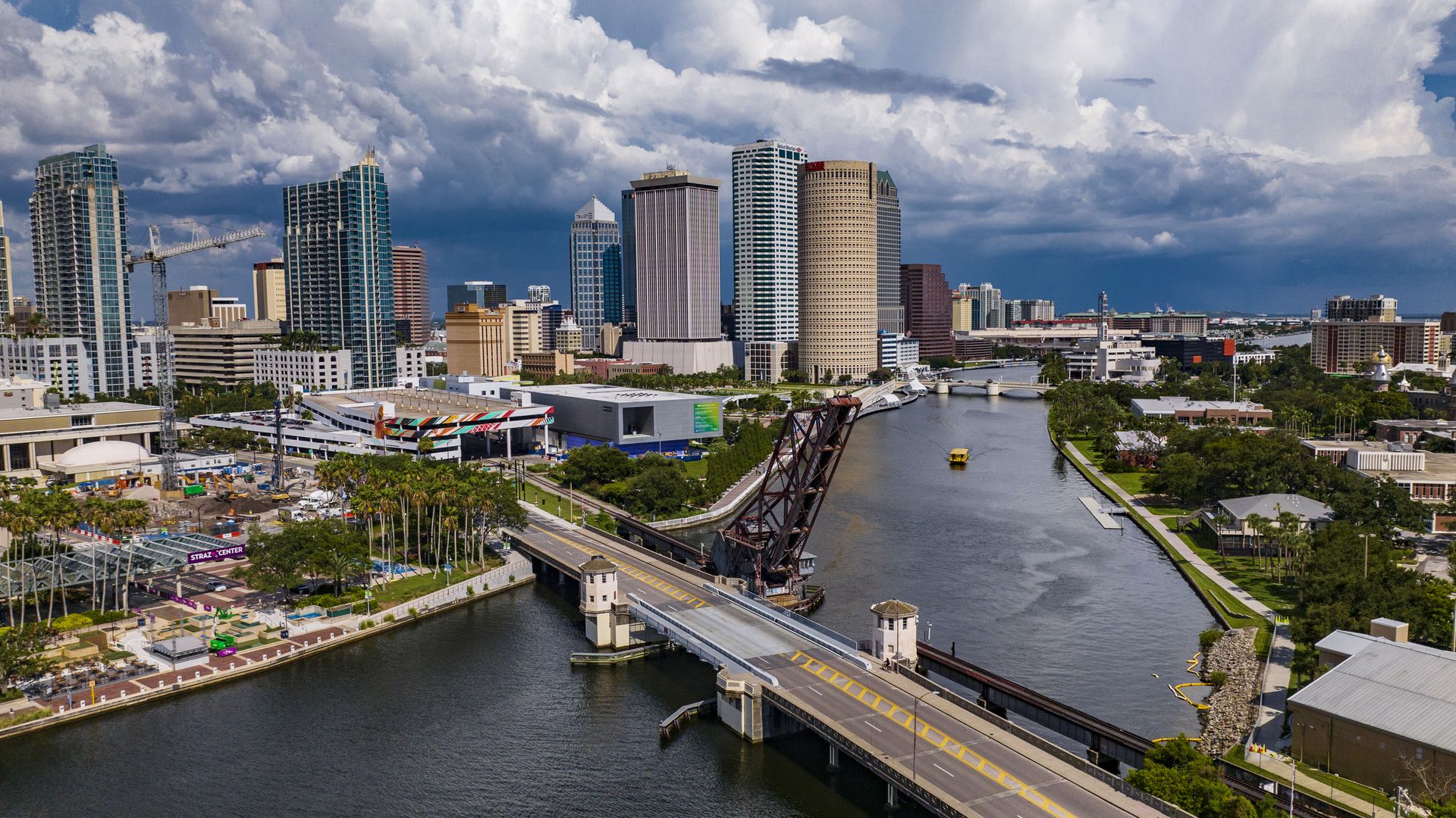 Aerial drone View of sprawling Tampa Bay Skyline.