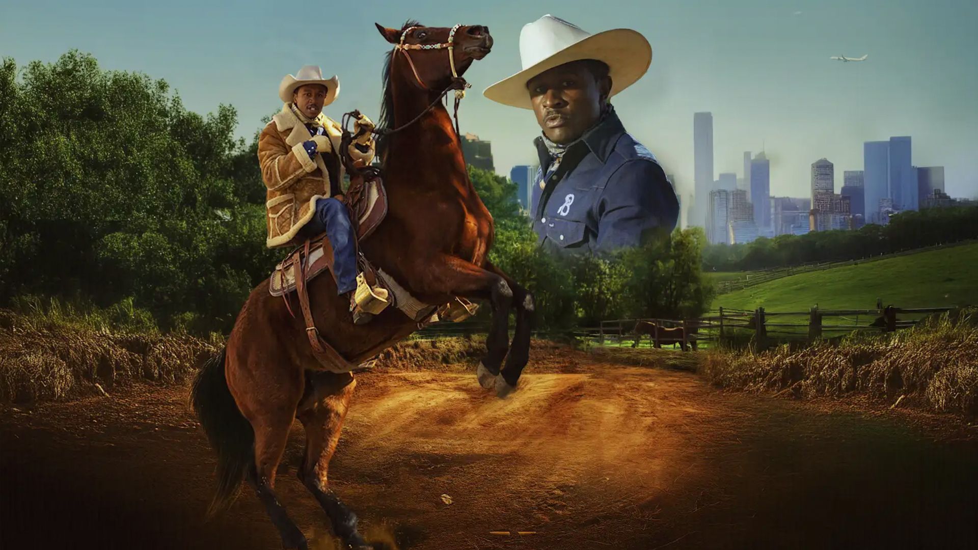 Man in a tan shearling jacket and white cowboy hat riding a rearing brown horse on a dirt path, with trees and city skyline in background and a larger image of a man in a white hat and navy jacket.