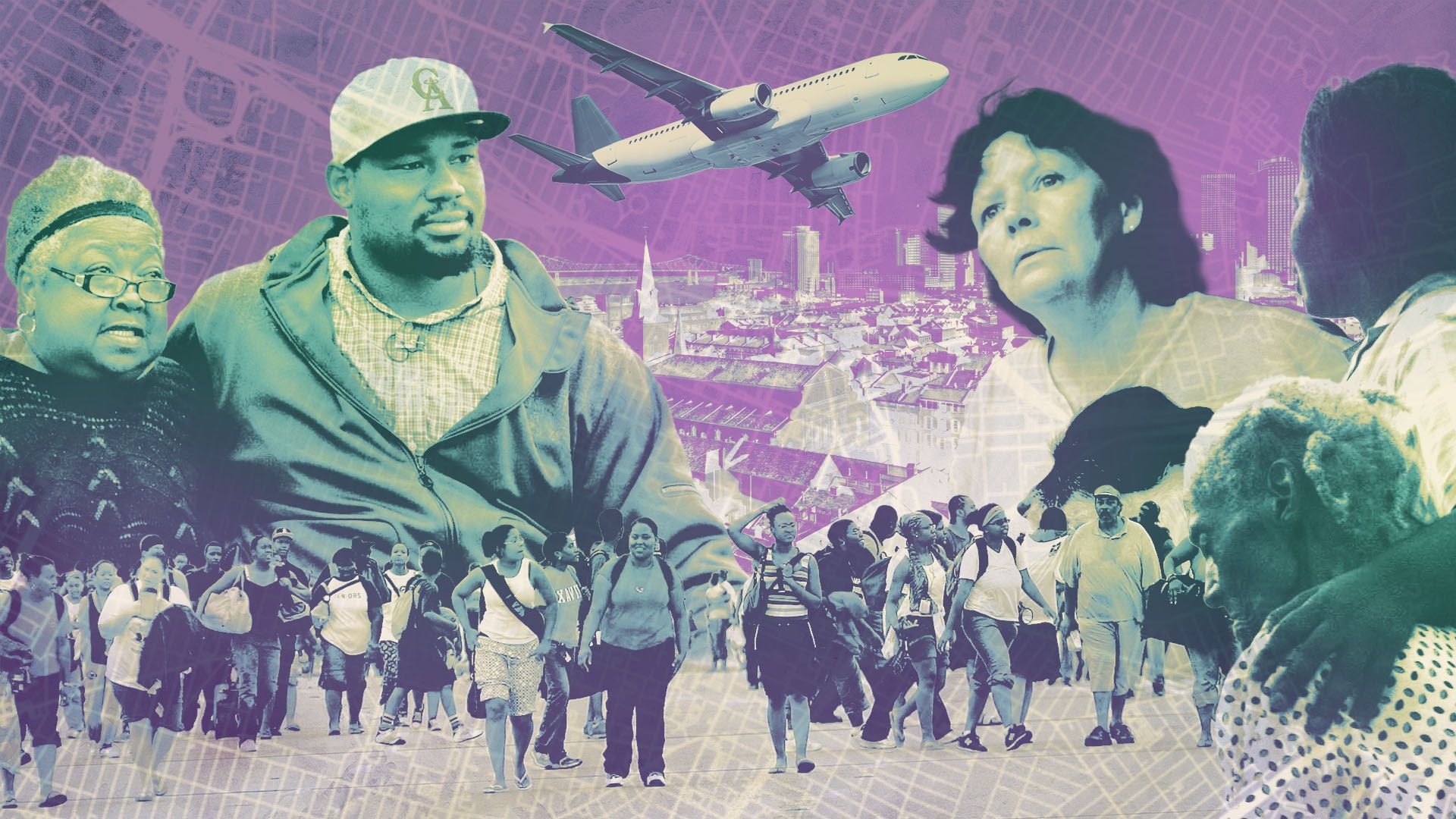 Photo illustration of people impacted by hurricane Katrina with New Orleans in the background, a map texture, and an airplane