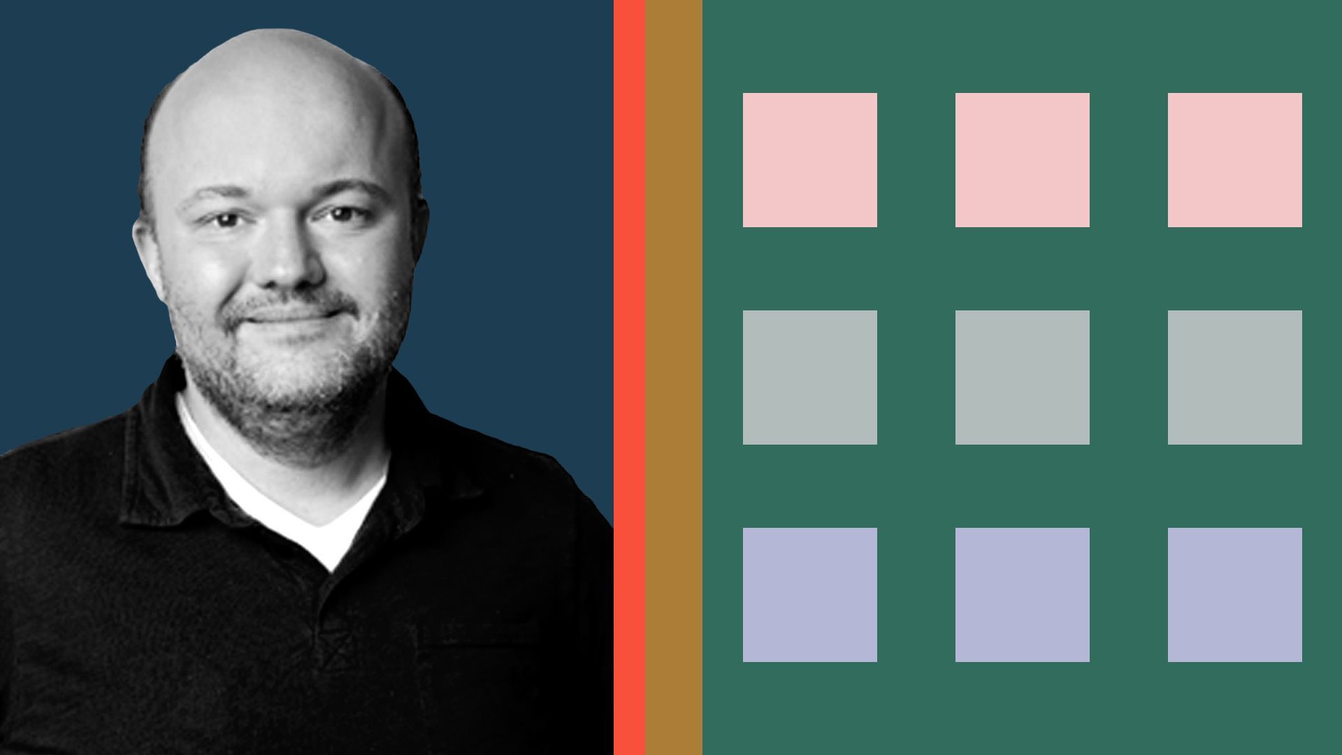 Photo illustration of Zac Townsend, ceo of Meanwhile, surrounded by various shapes evoking the Meanwhile logo
