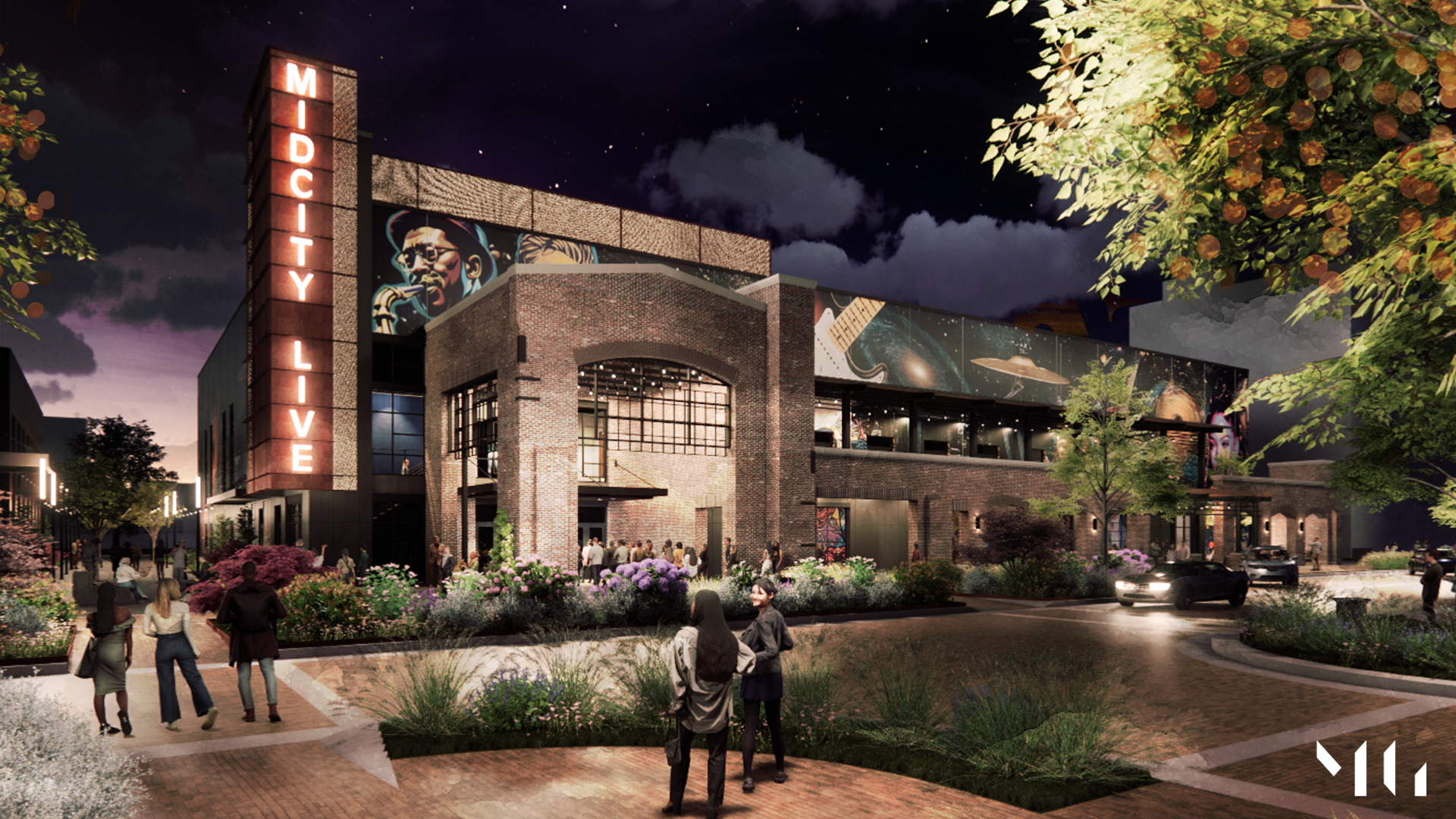Night scene of a brick live music venue with bright vertical sign reading MIDCITY LIVE; murals of musicians and space on upper walls; people walking and gathering outside among greenery.
