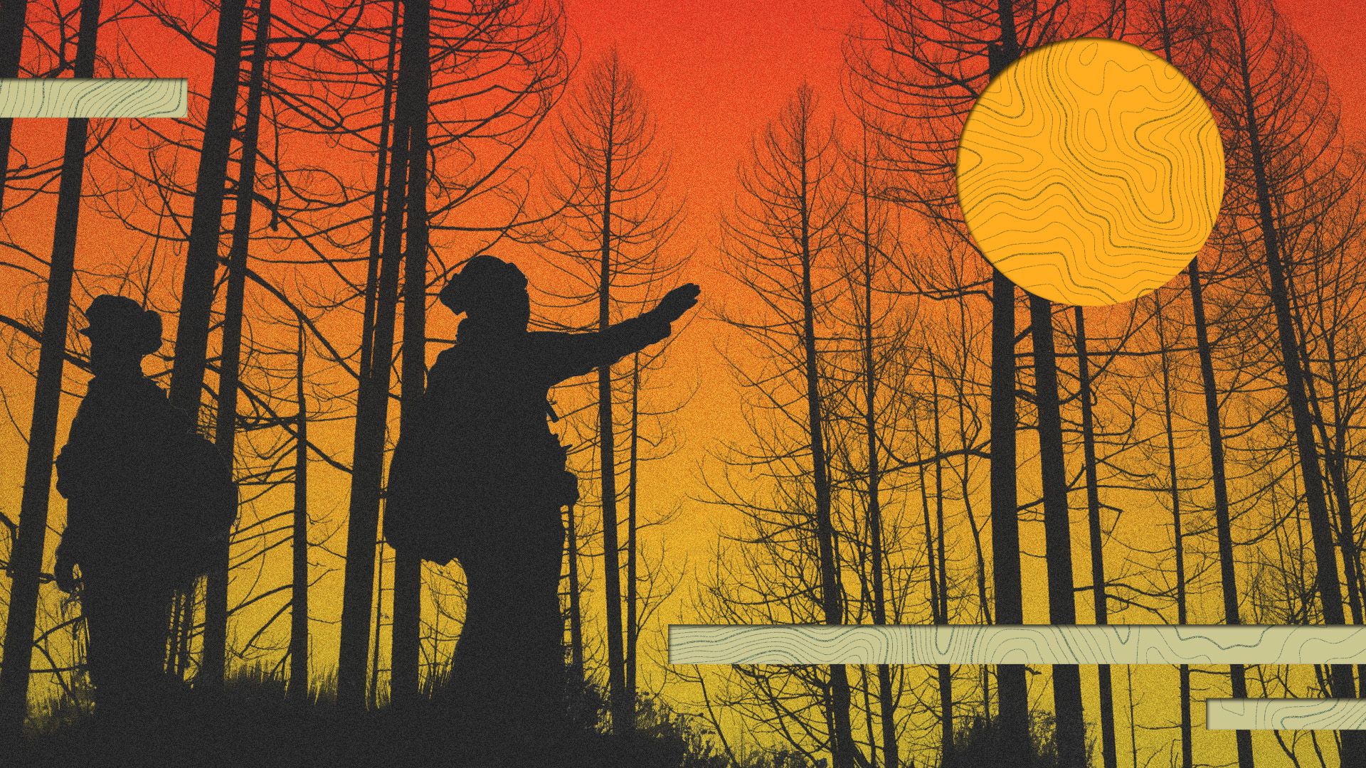 Photo illustration of bare trees and two firefighters against an orange sky with abstract shapes.