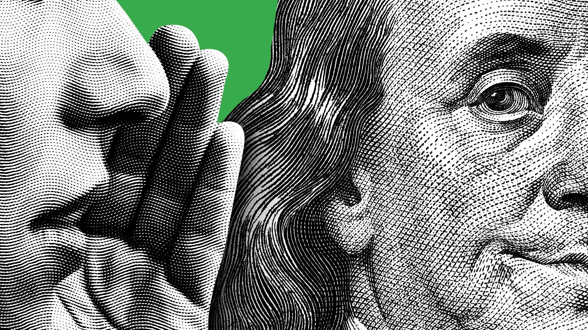 Illustration of a hand whispering into Benjamin Franklin's ear.