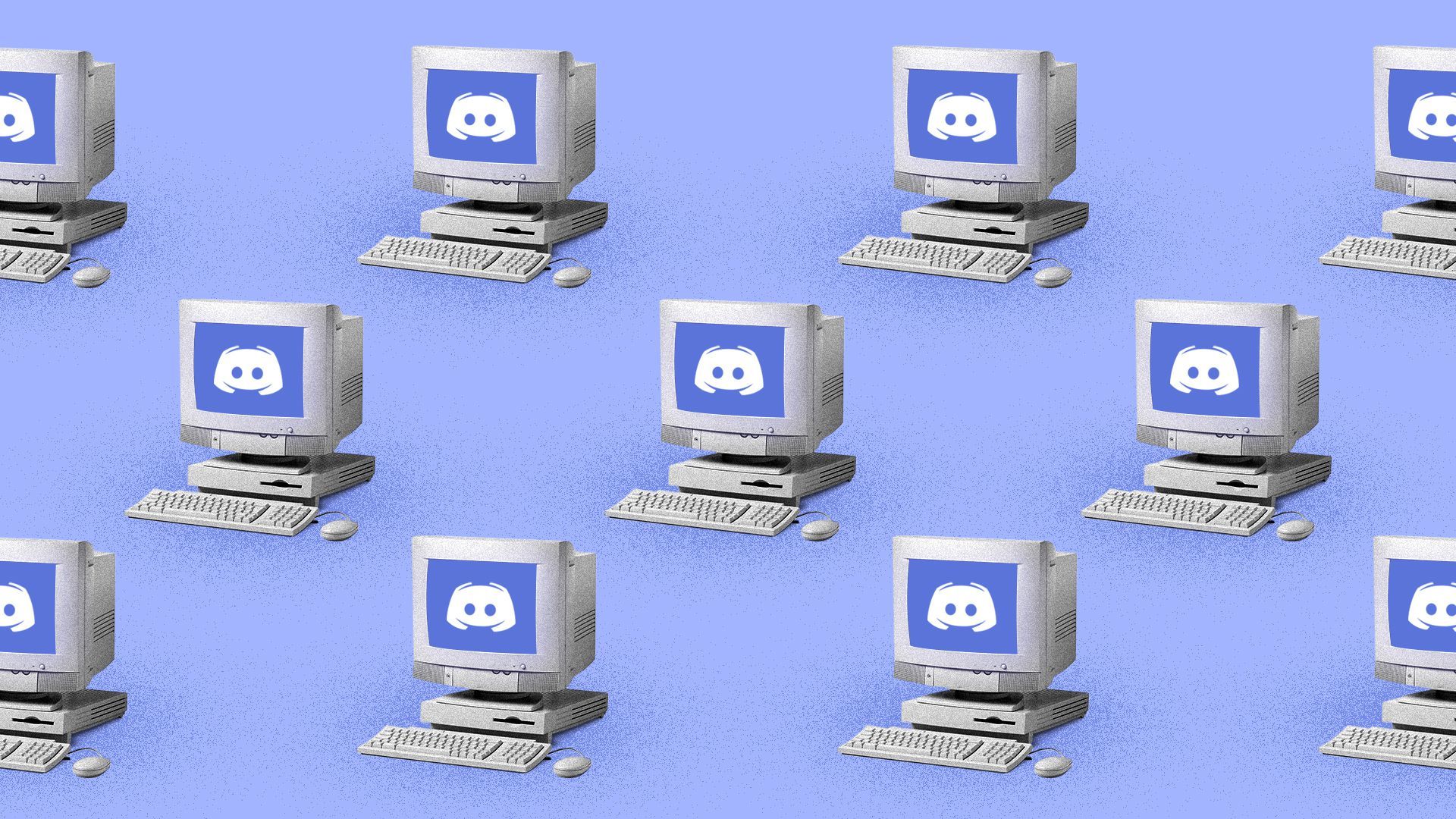 Illustration of a repeating pattern of computers with the Discord logo displayed on the screen.