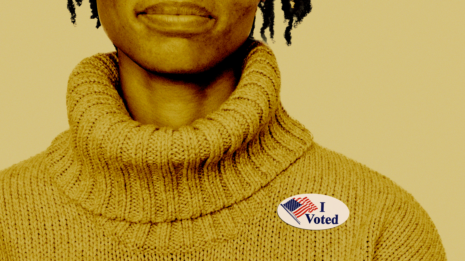 Animated illustration of three different people wearing an "I Voted" sticker.