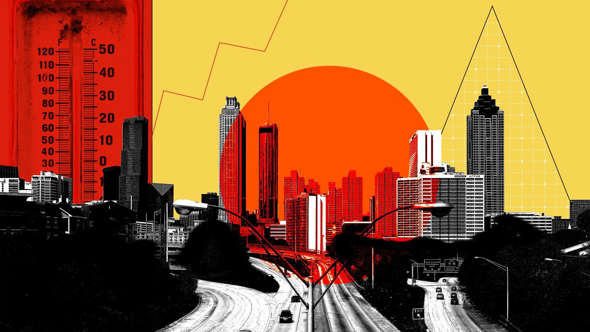 Illustration of Atlanta skyline and a thermometer.