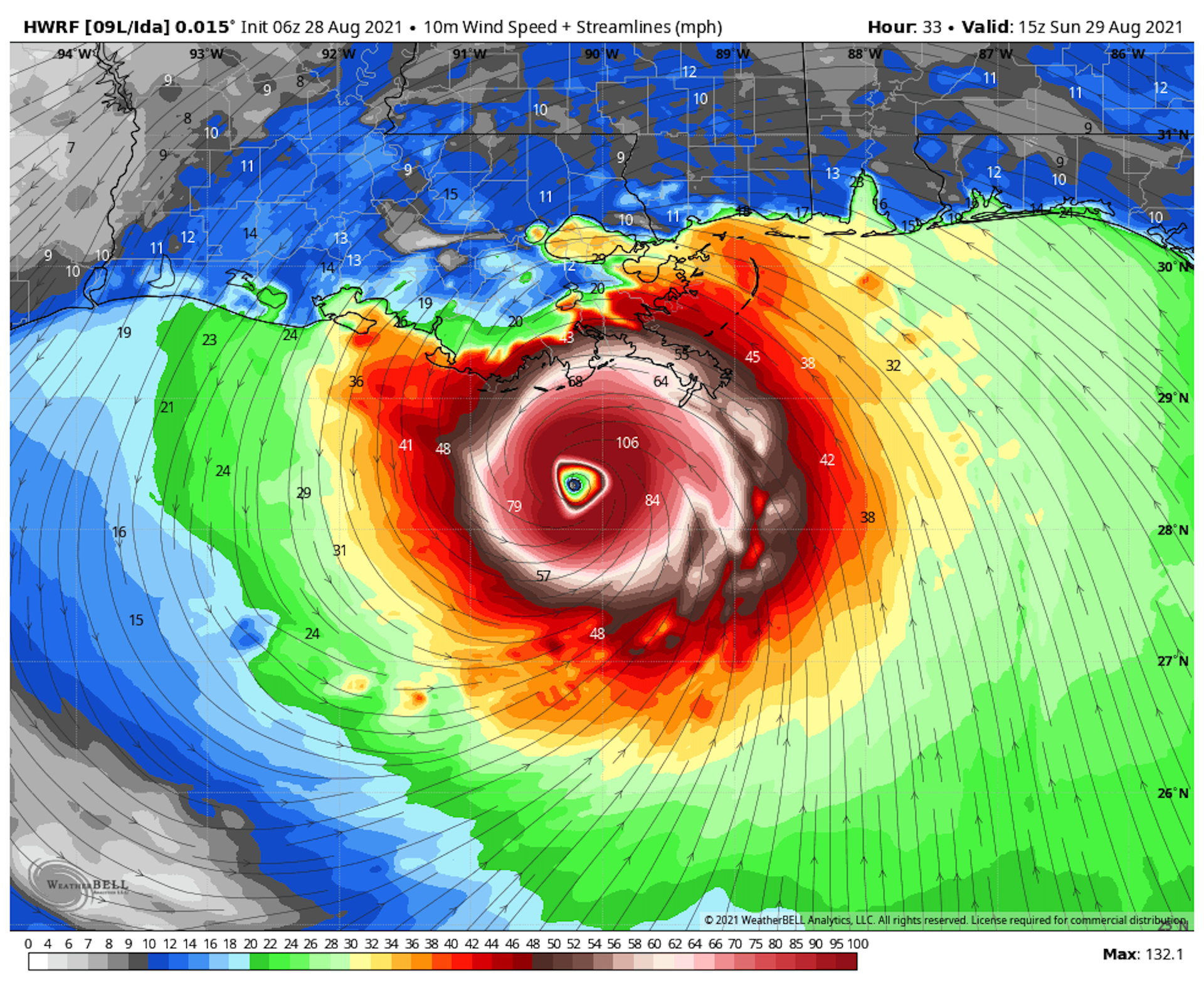 Computer model projection of the winds around Hurricane Ida on Aug. 29, 2021.