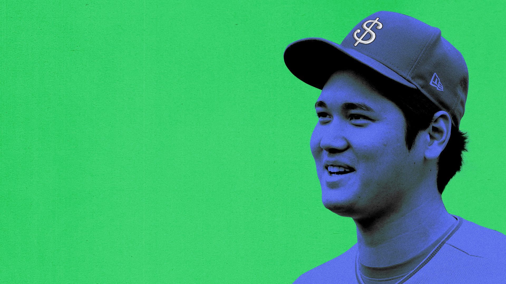 Photo illustration of Shohei Ohtani with a dollar sign on his baseball cap.