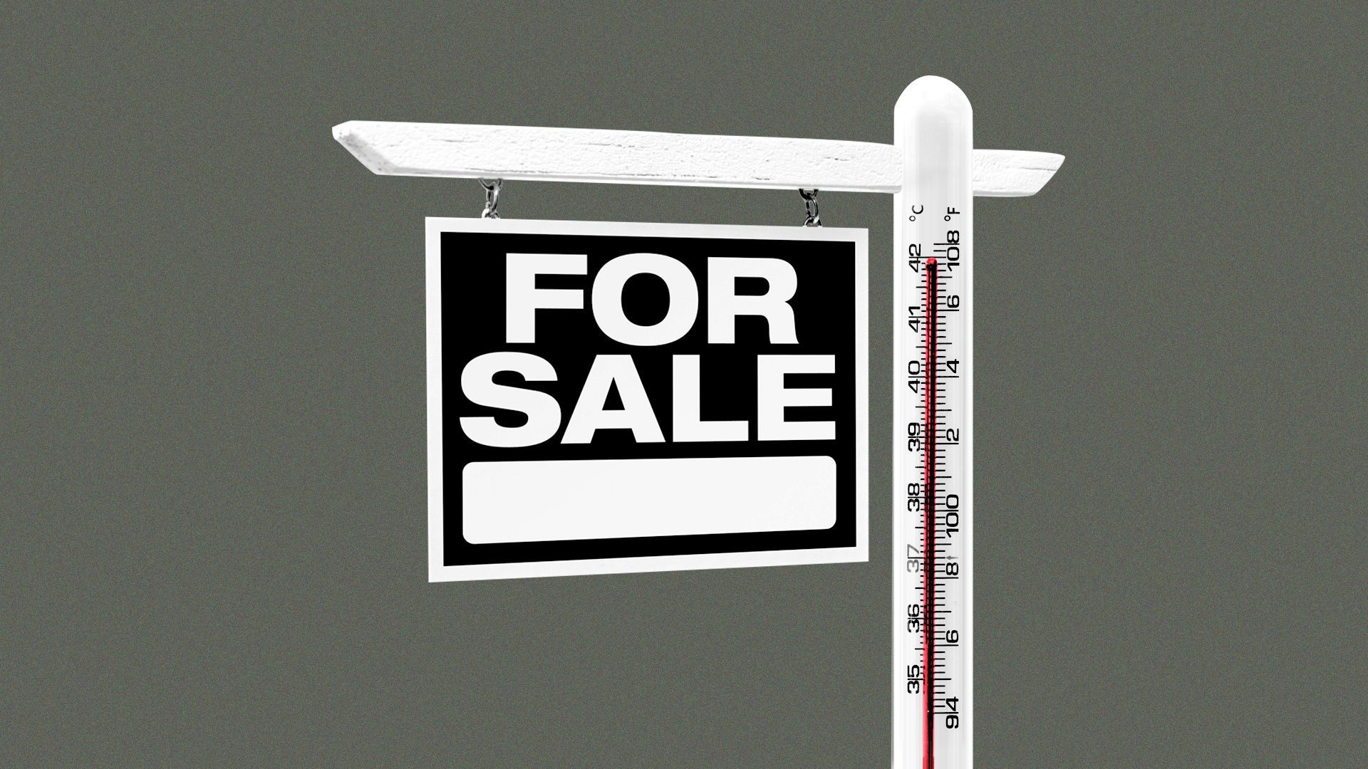 Illustration of a for sale sign held up by a thermometer.