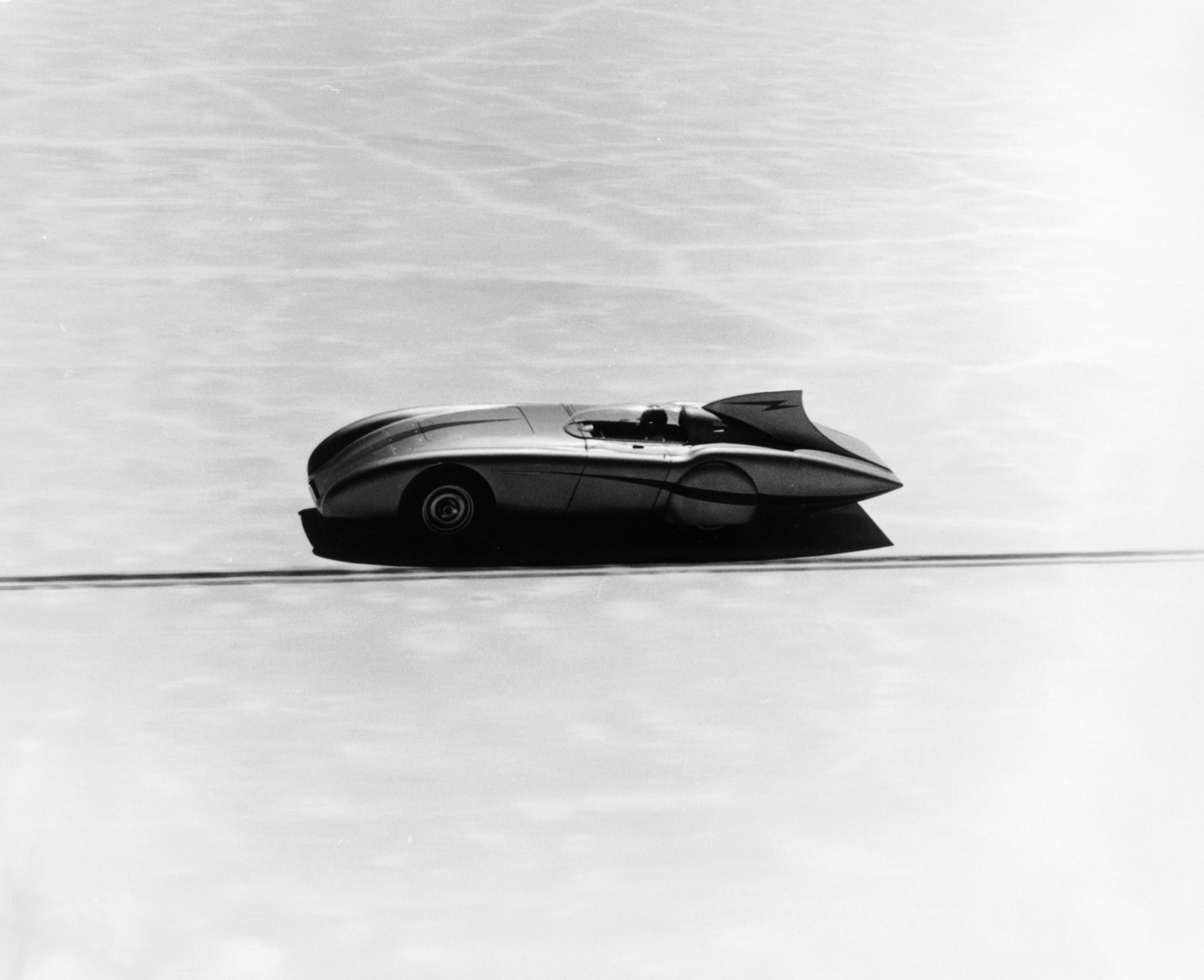 Donald Healey's modified Austin-Healey 'Streamliner' attempting a speed record at Bonneville Salt Flats, Utah, USA, August 1954. 