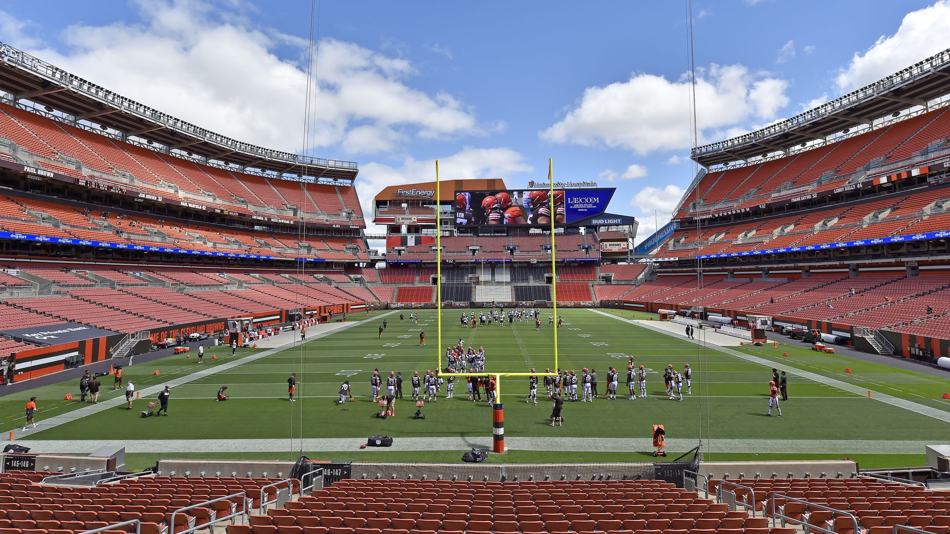 Cleveland Browns players work out without fans during training camp at FirstEnergy Stadium in August.