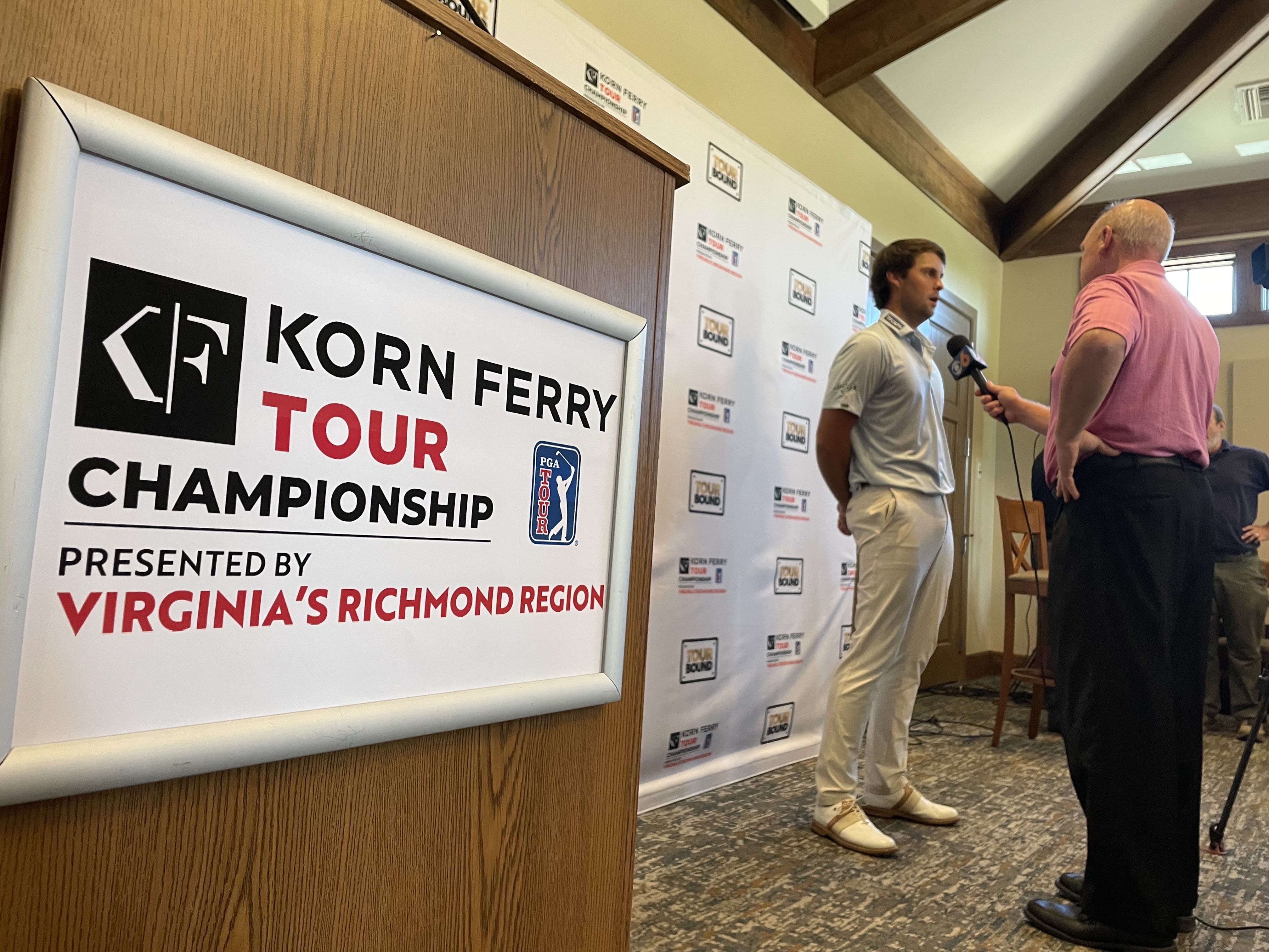 Korn Ferry Tour member Davis Lamb speaks to the media Monday at The Federal Club. 