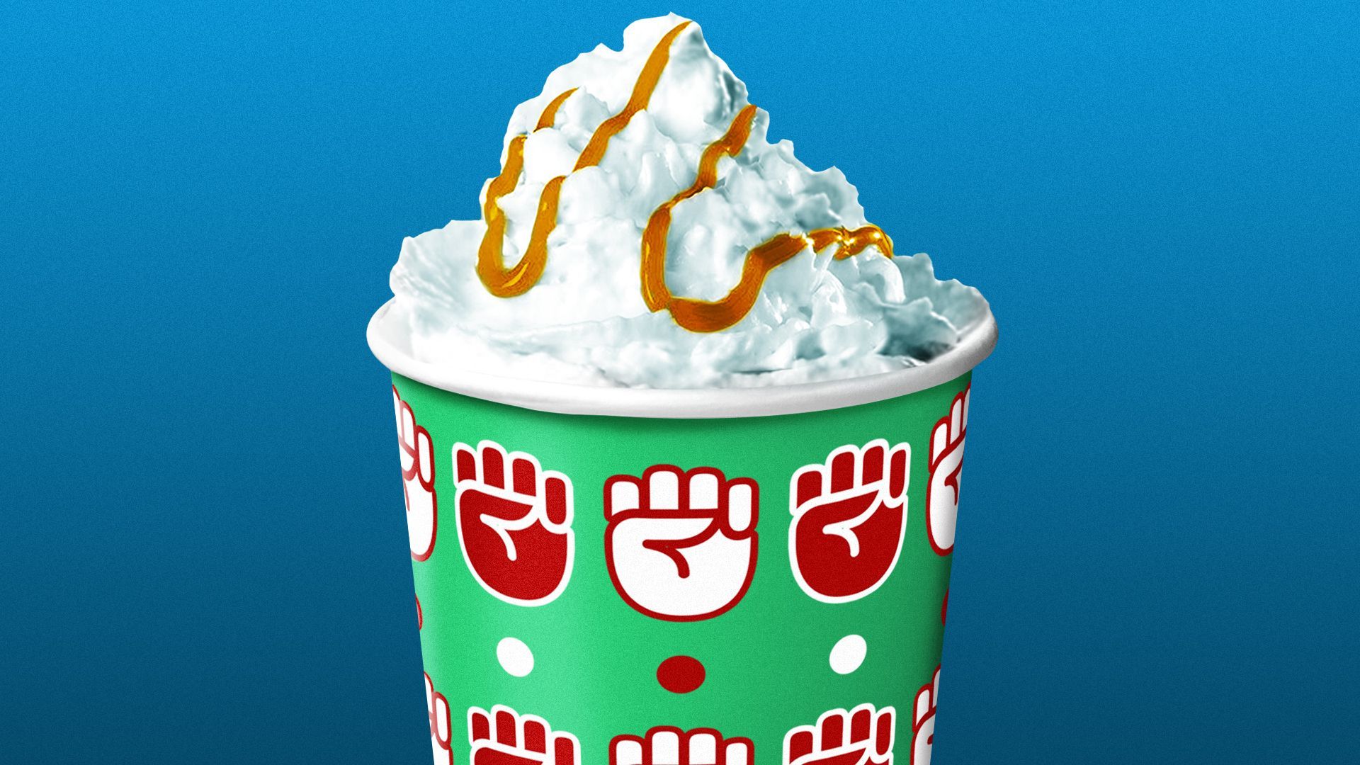 Illustration of a takeout coffee cup with fist designs on it