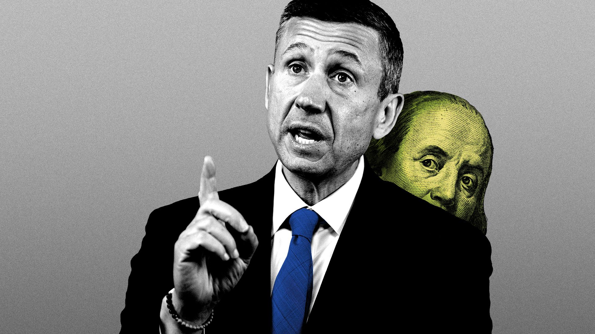 Photo illustration of DNC chair Ken Martin with Benjamin Franklin from a hundred dollar bill peeking out behind his shoulder