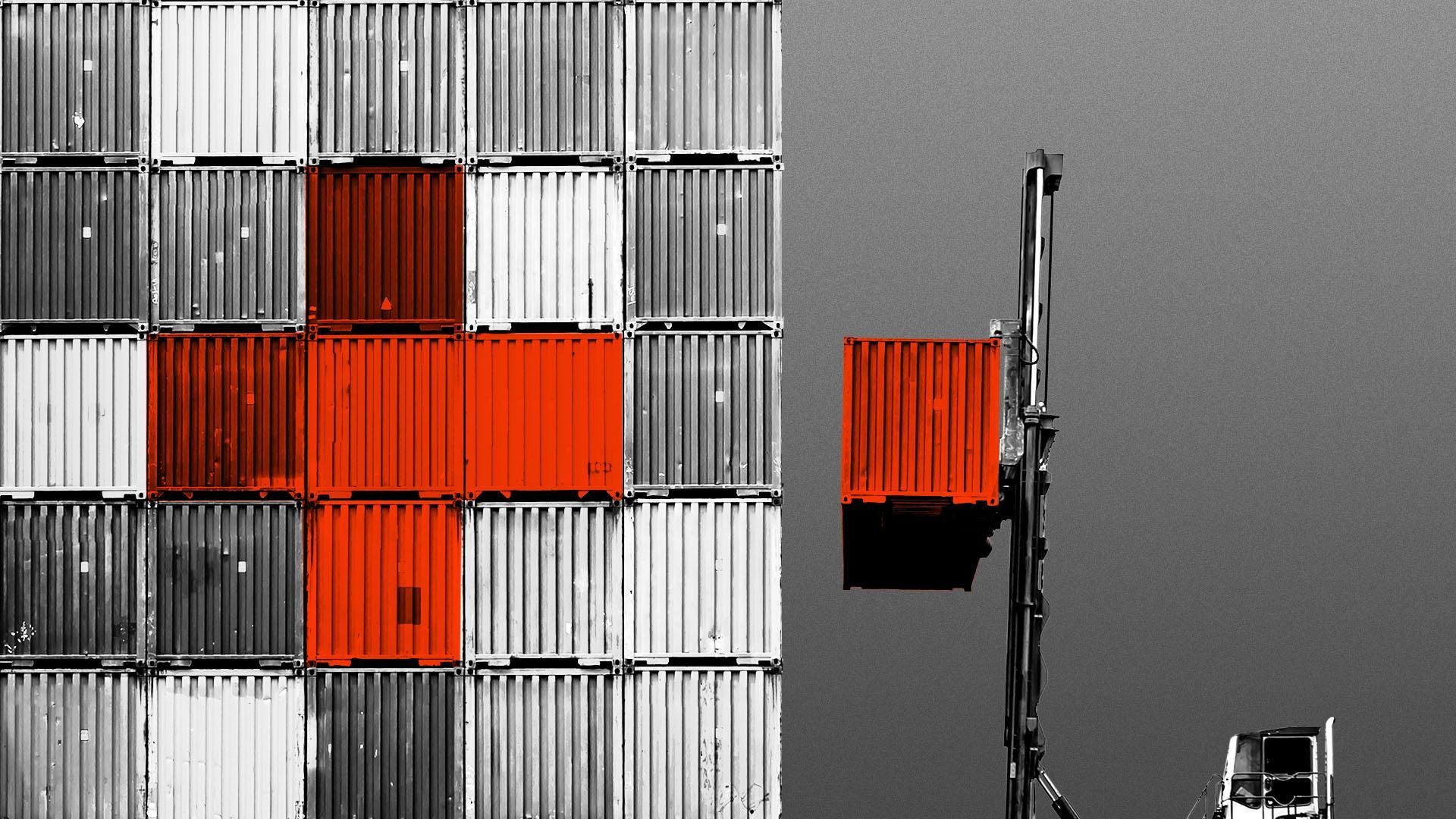 Illustration of a forklift lifting a shipping container to a stack of shipping containers, some of which are forming a red cross