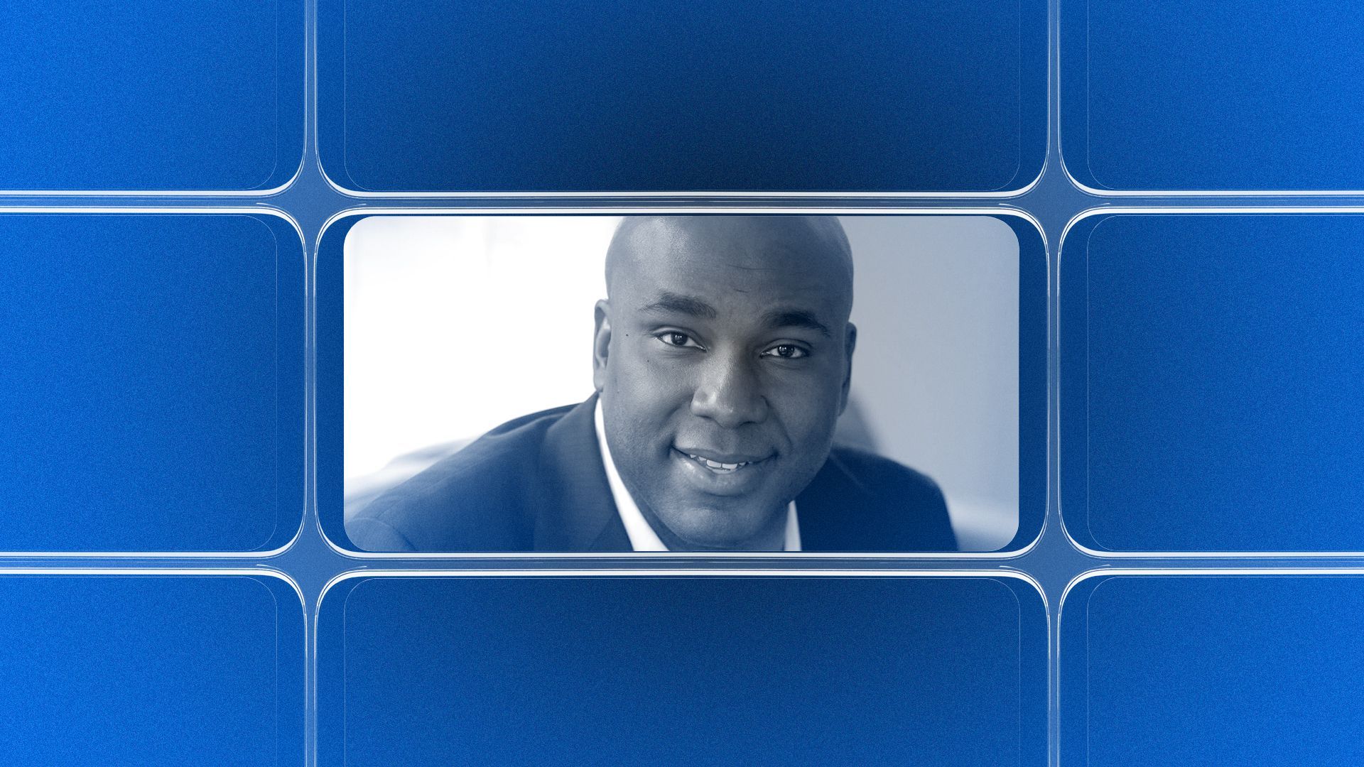 Photo illustration of a grid of smartphone screens, the center one showing an image of Keith Leaphart.