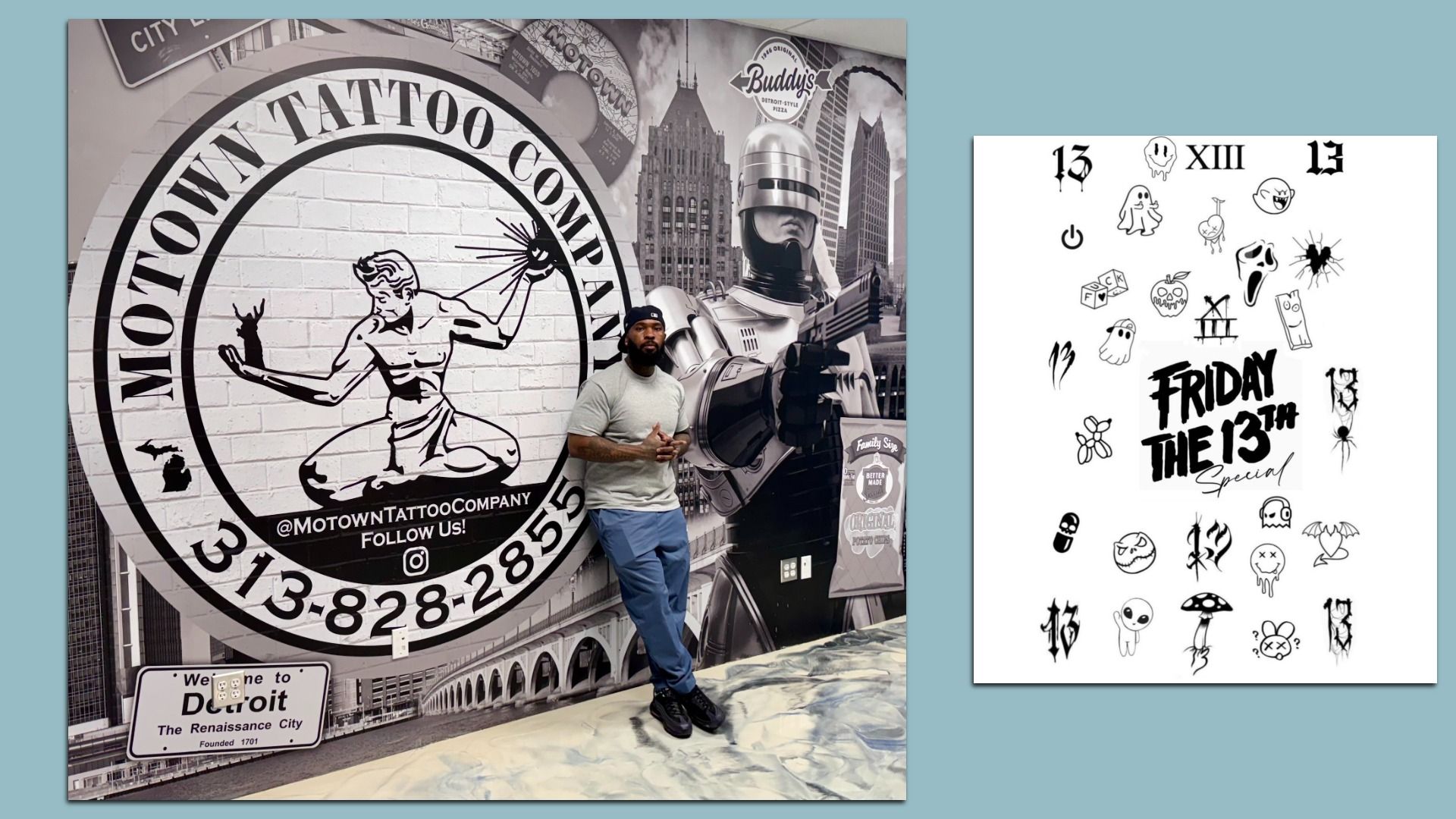 A tattoo artist pictured with a sign, and in a photo next to that, flash tattoo option pictured on a sheet.