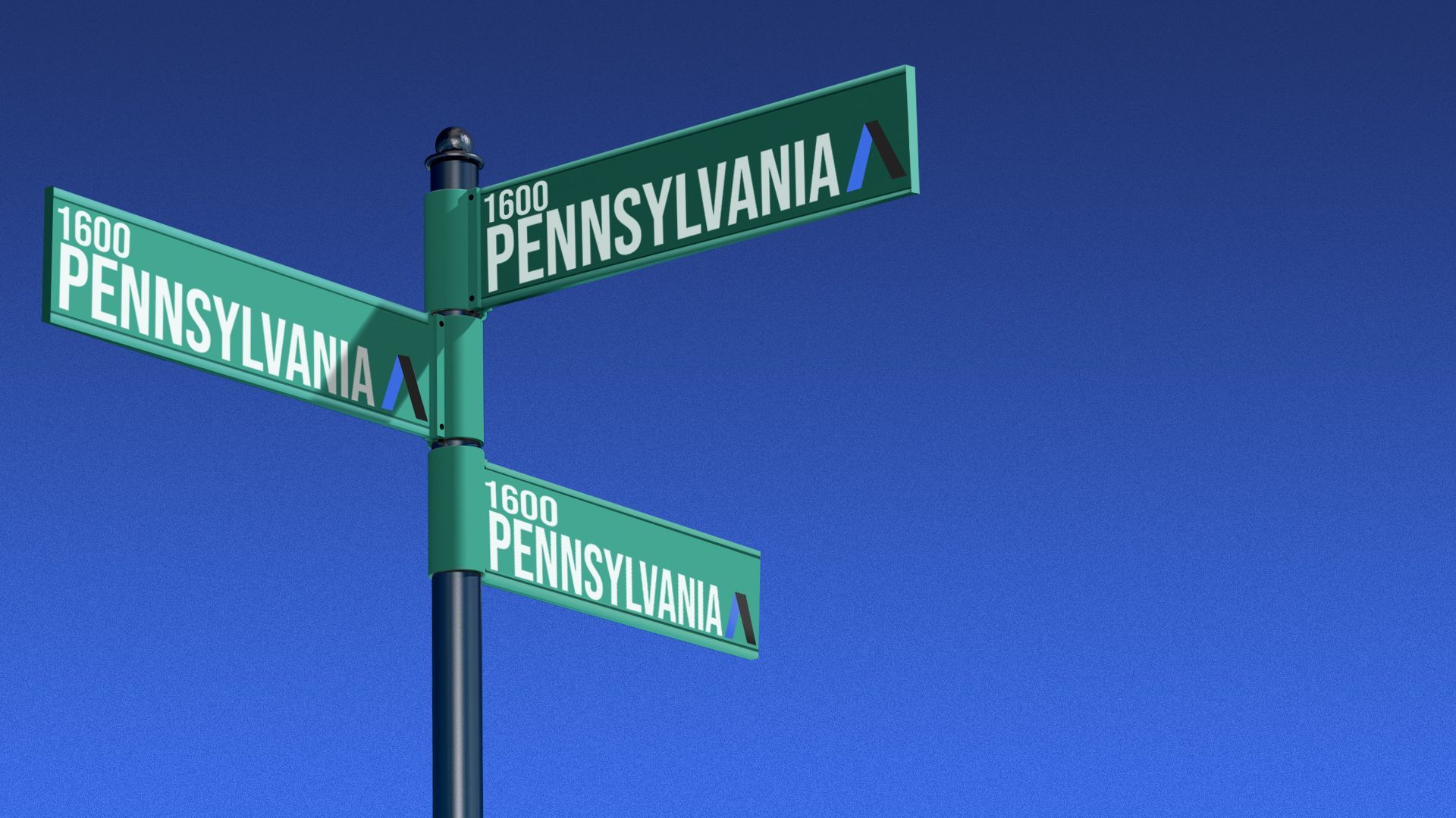 Illustration of a street sign with multiple signs reading "1600 Pennsylvania" featuring the Axios A logo