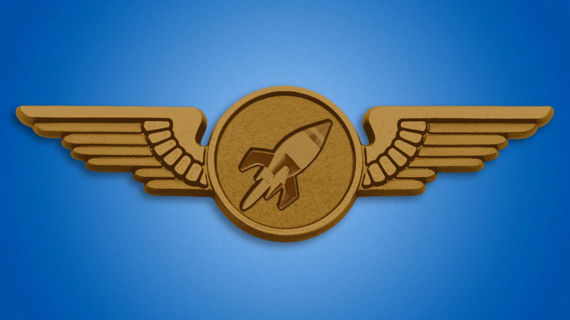 Emblem of wings with a rocket ship in the center.