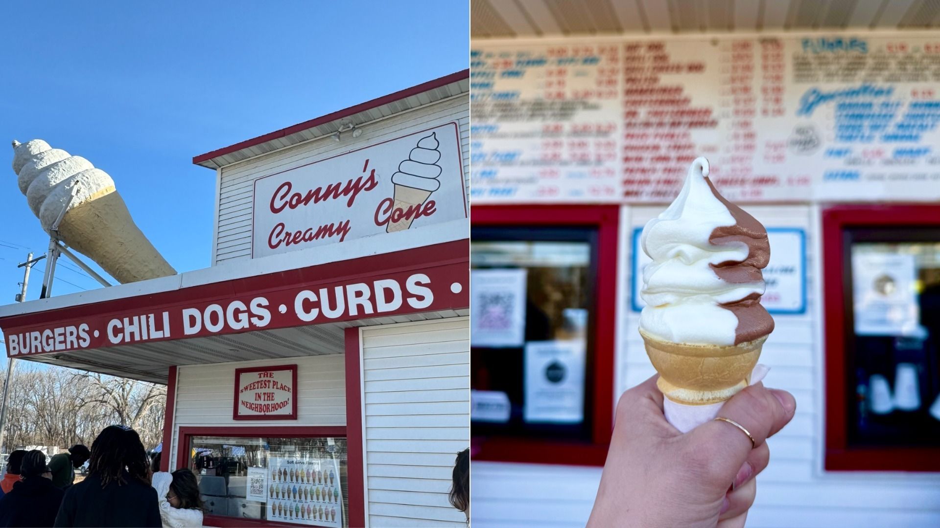 Split image of a retro ice cream stand: left shows "Conny's Creamy Cone" sign with a giant cone sculpture; right shows a hand holding a vanilla-chocolate swirl soft-serve cone before a blurred menu.